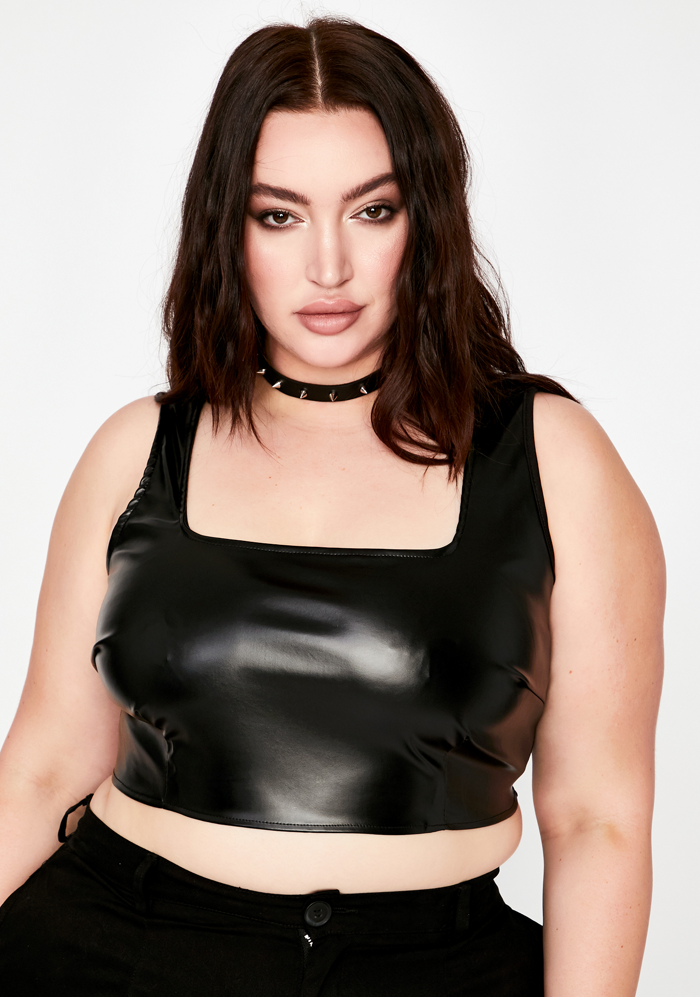 Plus Size Square Neck Tank Crop Top - Black Vegan Leather | Dolls Kill