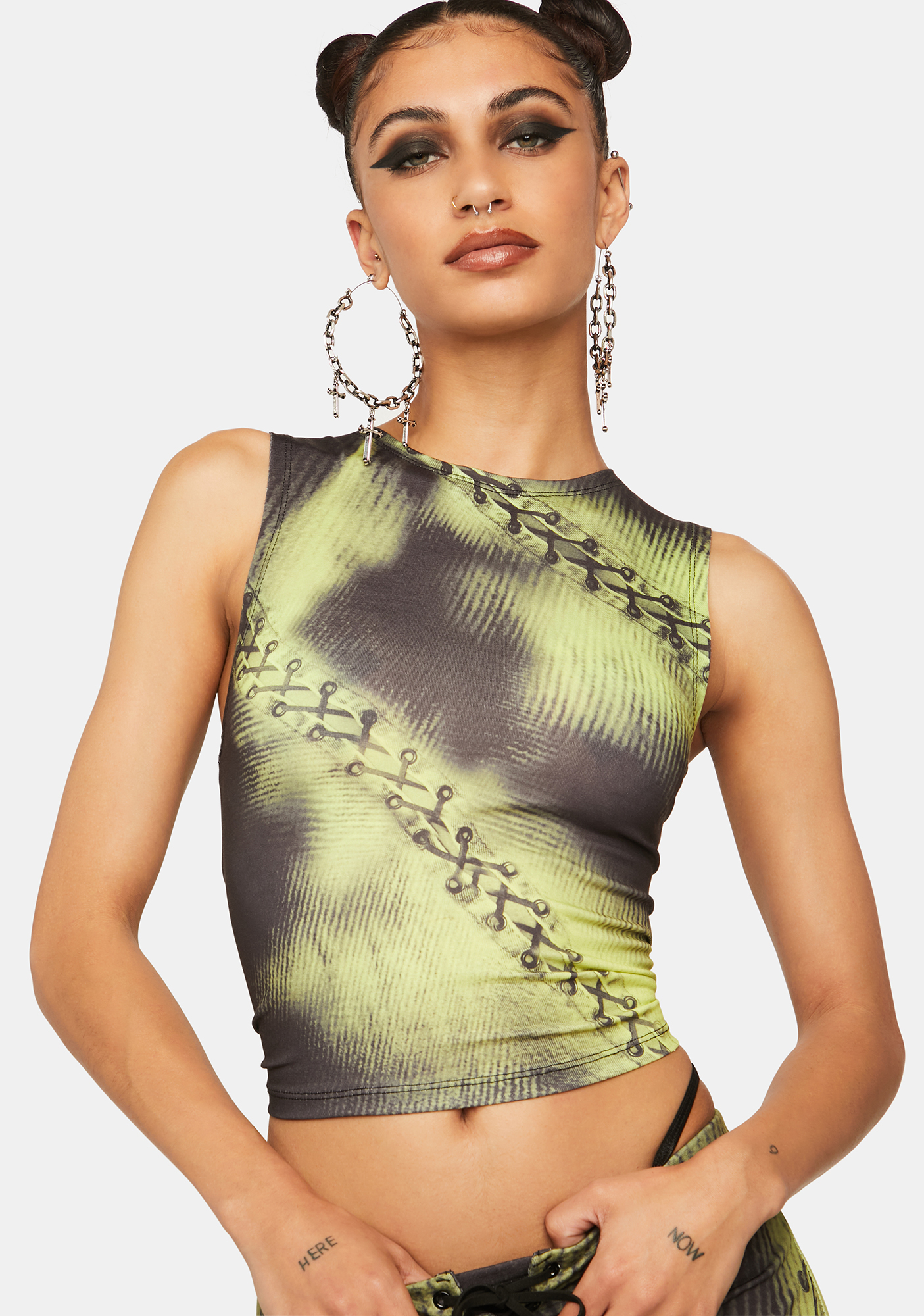 Jaded London Lace Up Illusion Print Tank Top Green Dolls Kill