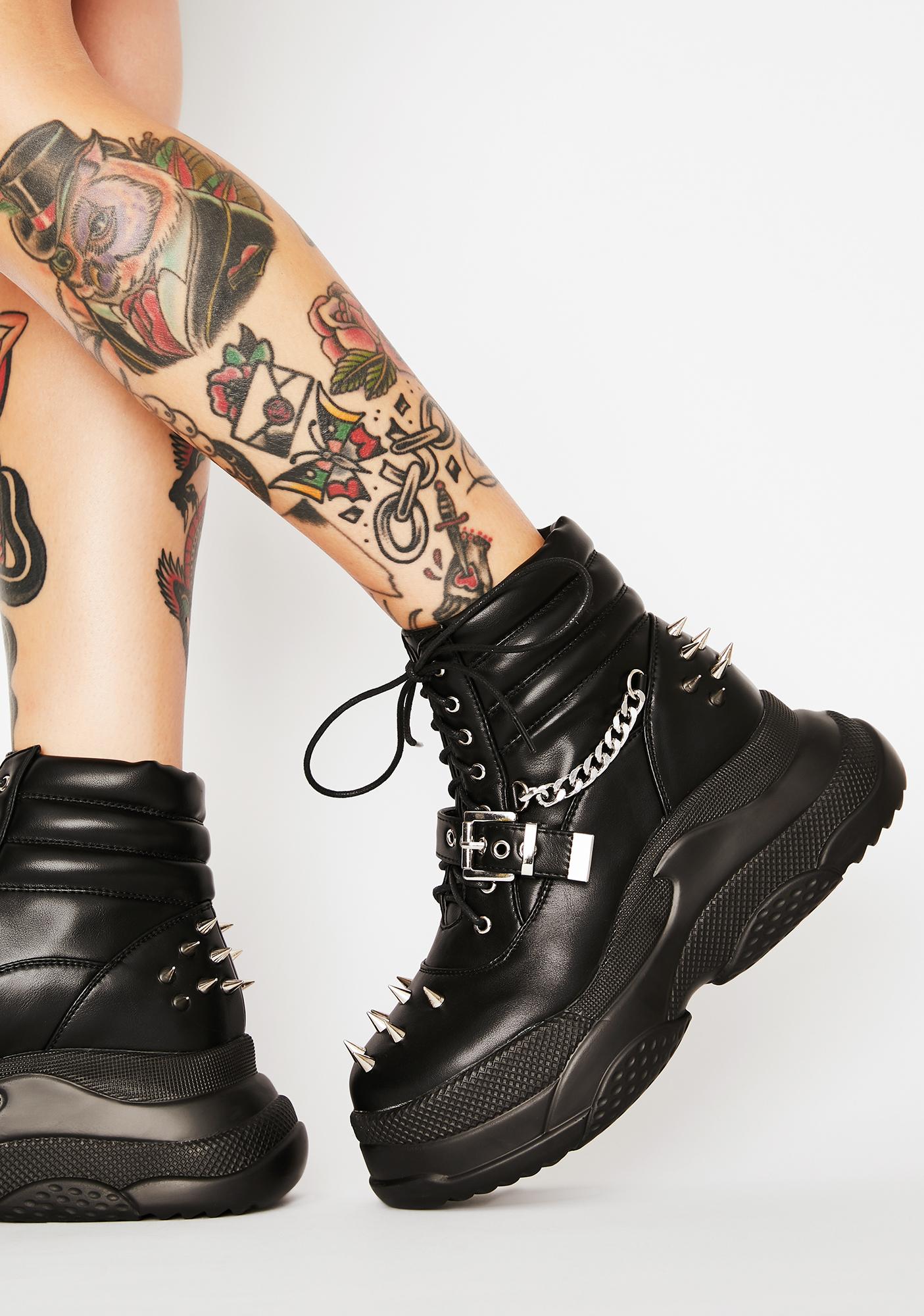 Lamoda Platform Boots Studded Chain Buckles Lace Up Vegan Leather Black ...