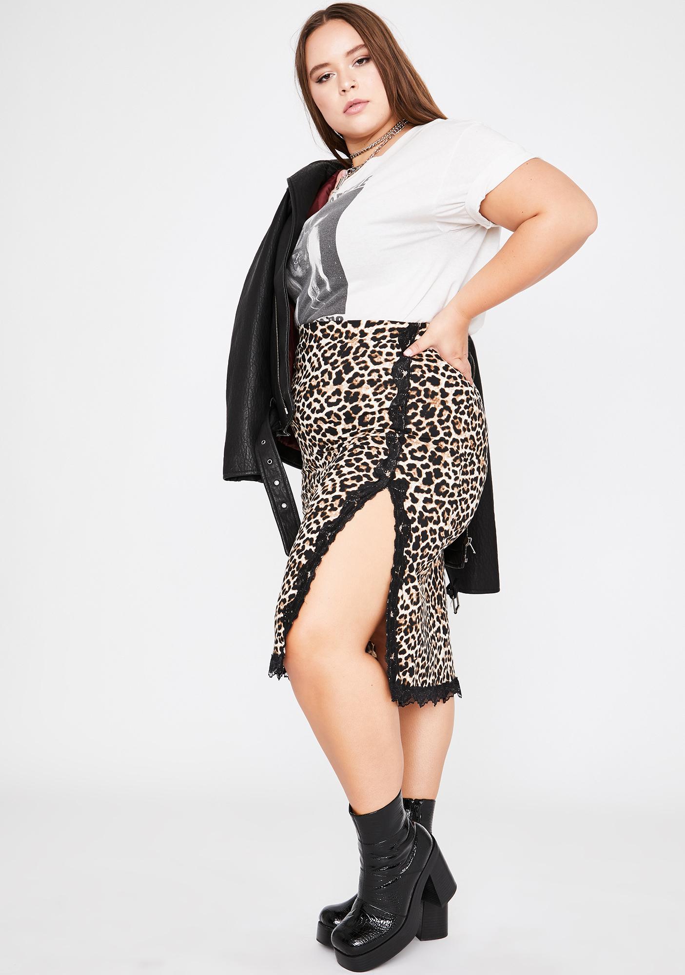 Plus Size Leopard Print Velvet Midi Skirt Slip Lace Trim Side Slit ...