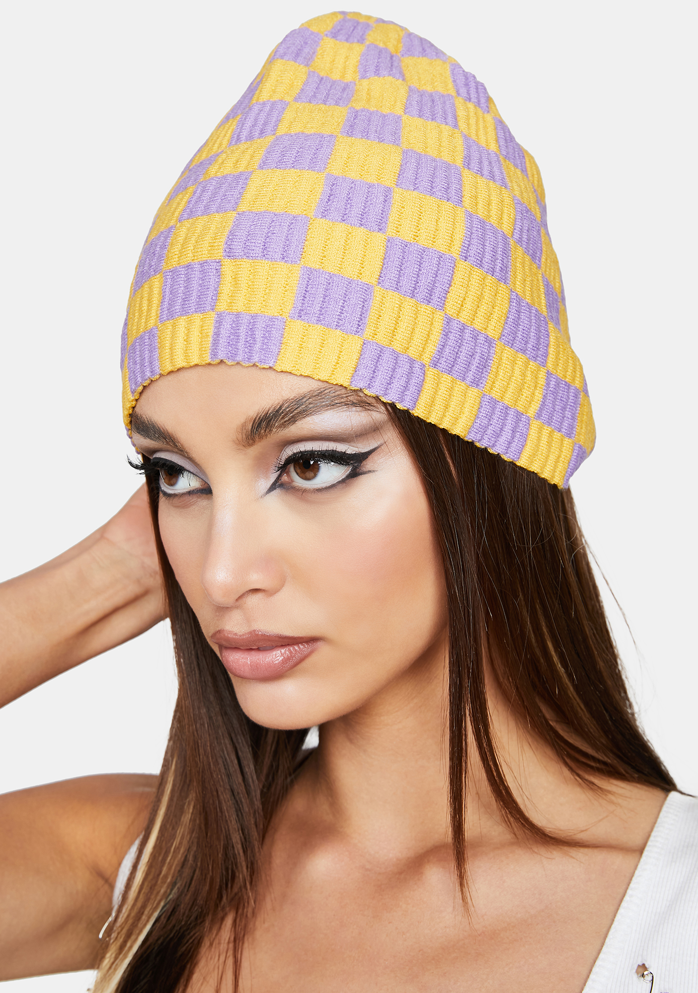 Checkered Ribbed Knit Beanie Purple/Yellow Dolls Kill