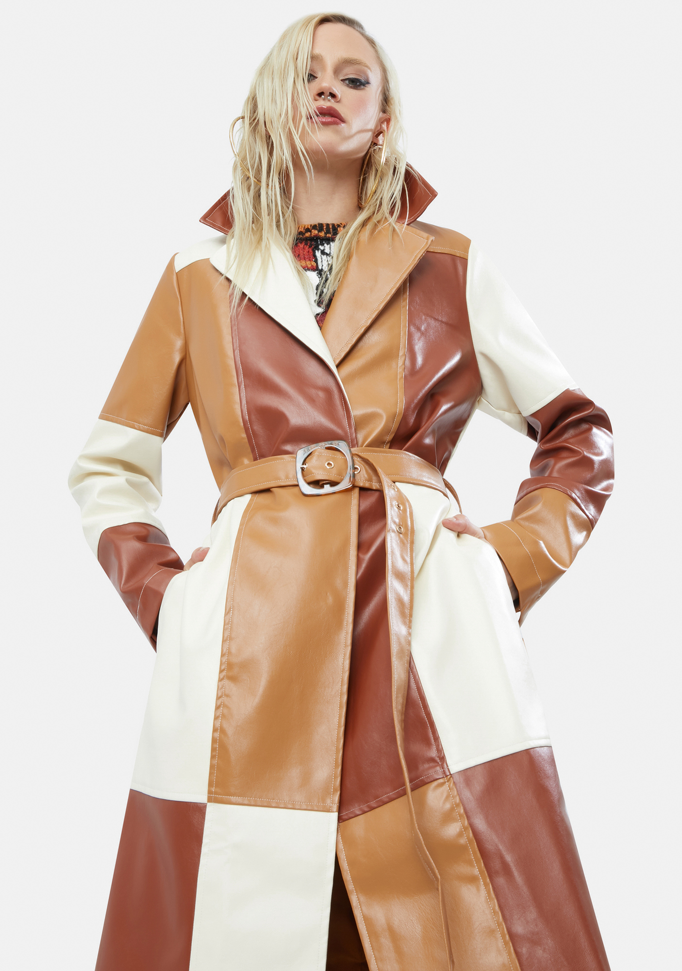 patchwork leather trench coat