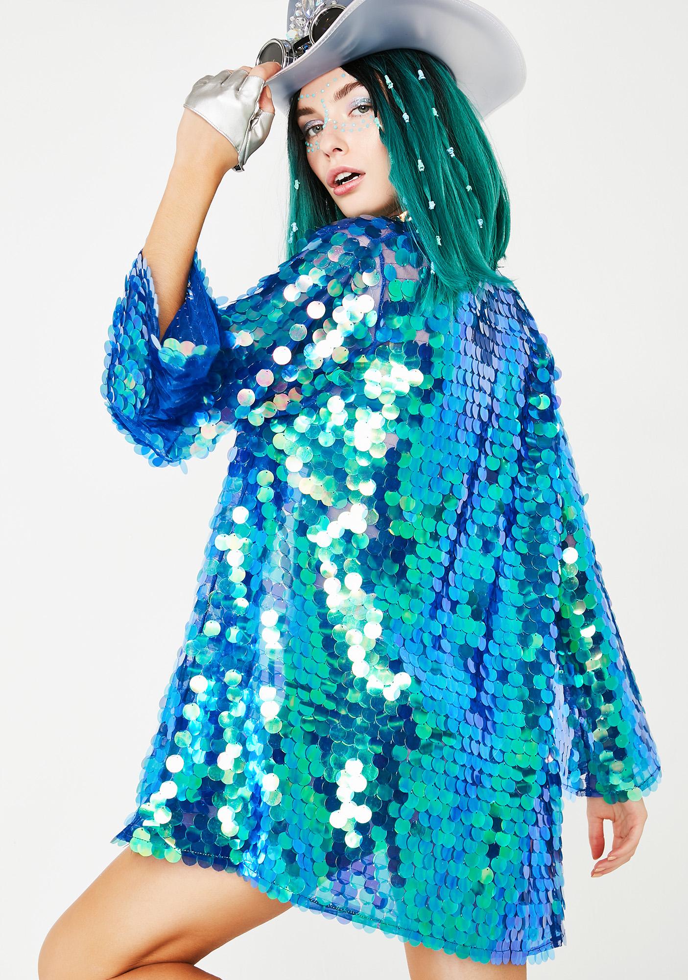 Royal Blue Sequin Bell Sleeve Short Kimono Dolls Kill