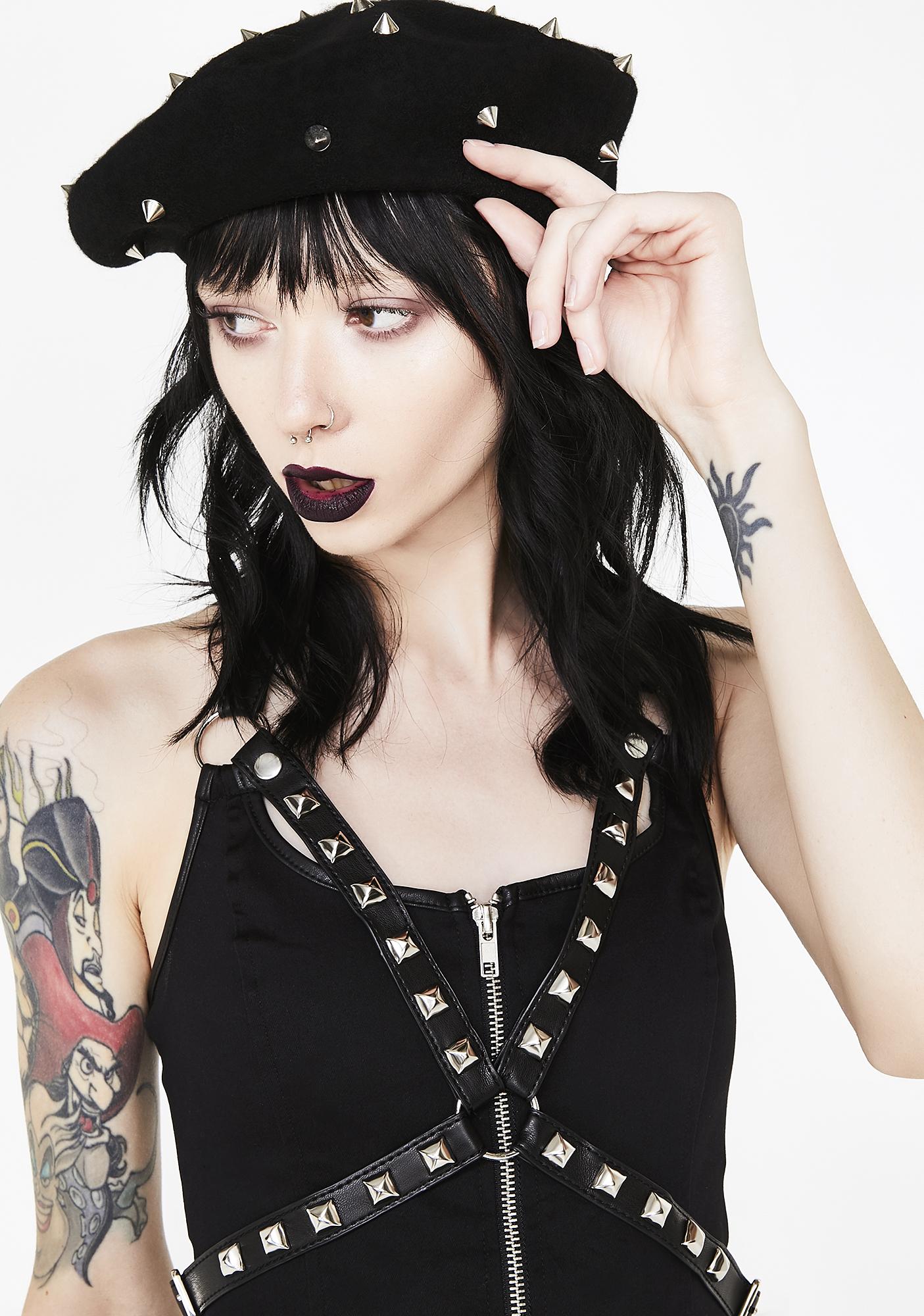 Spiked Black Felt Beret | Dolls Kill