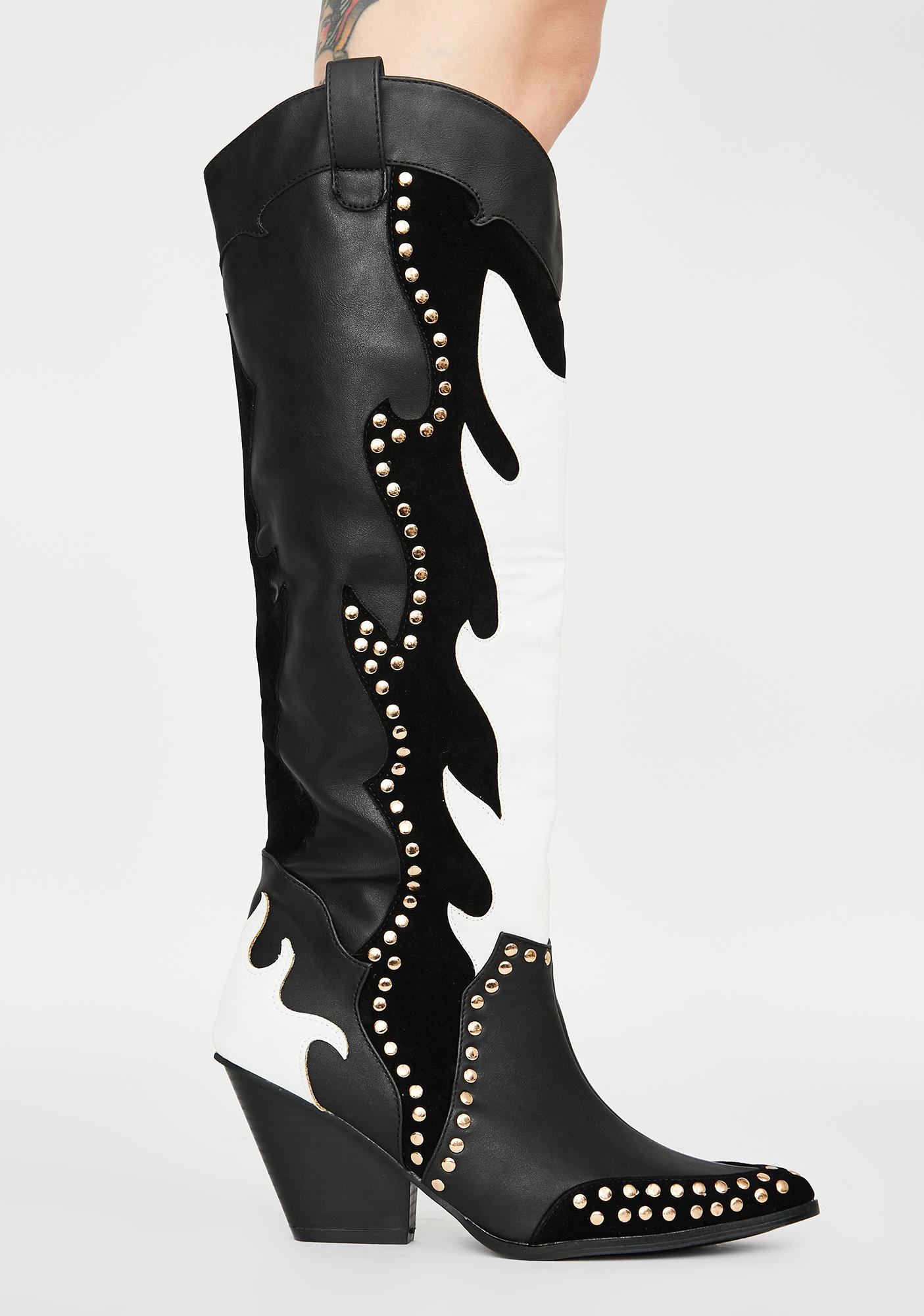 Contrast Print Knee High Cowgirl Boots Pointed Toes | Dolls Kill