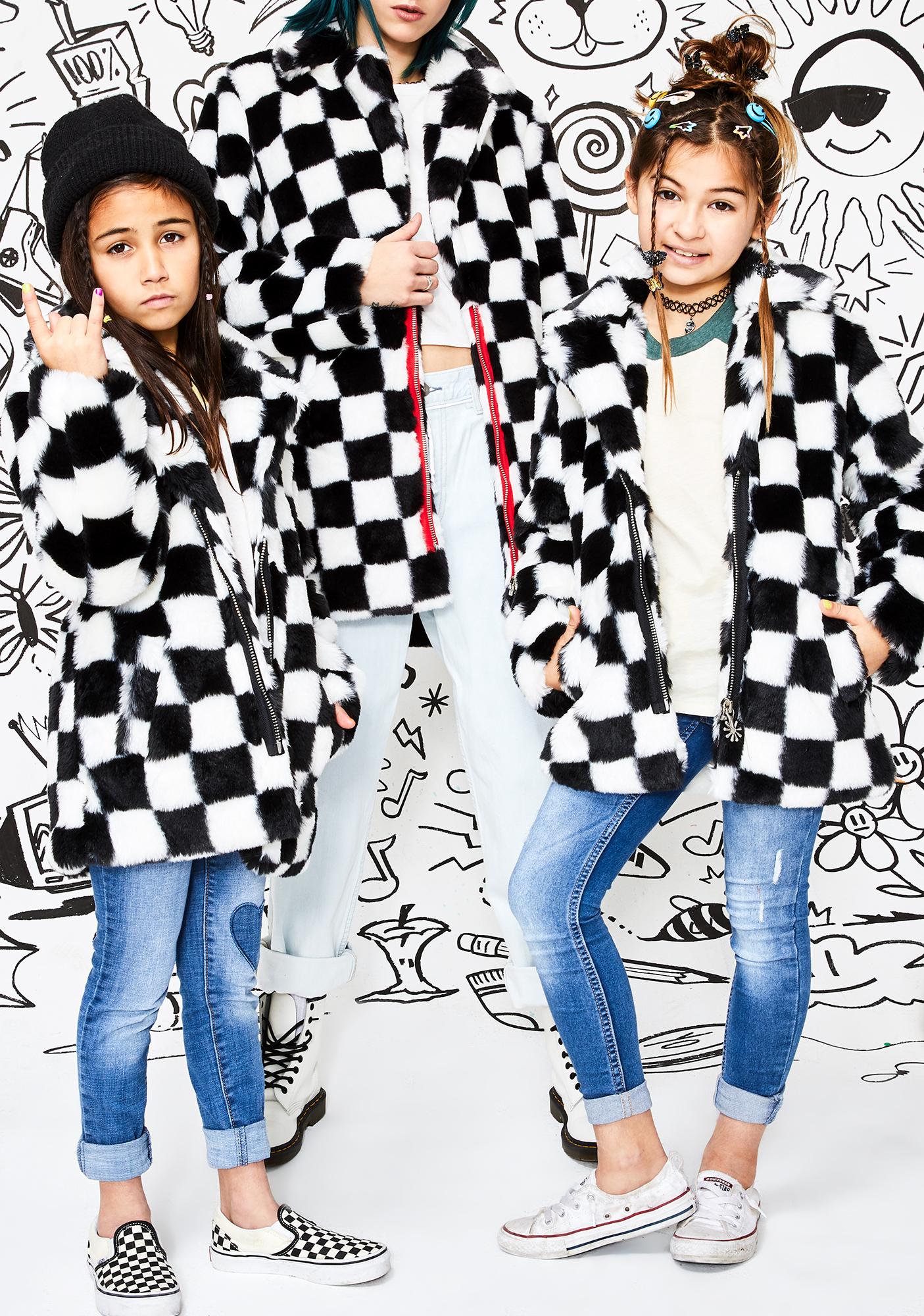 checkered faux fur coat