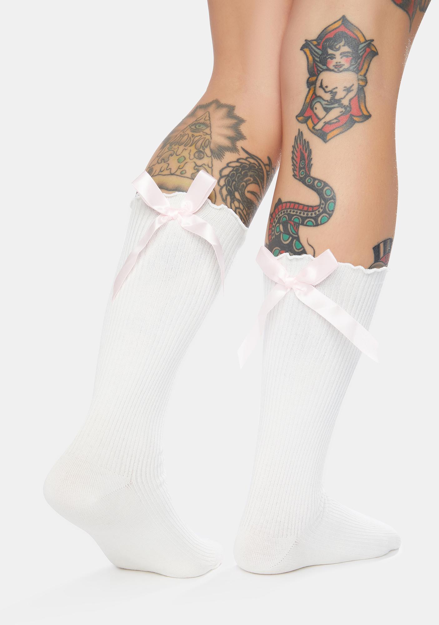 Ribbed Crew Socks With Satin Bow Pink Dolls Kill