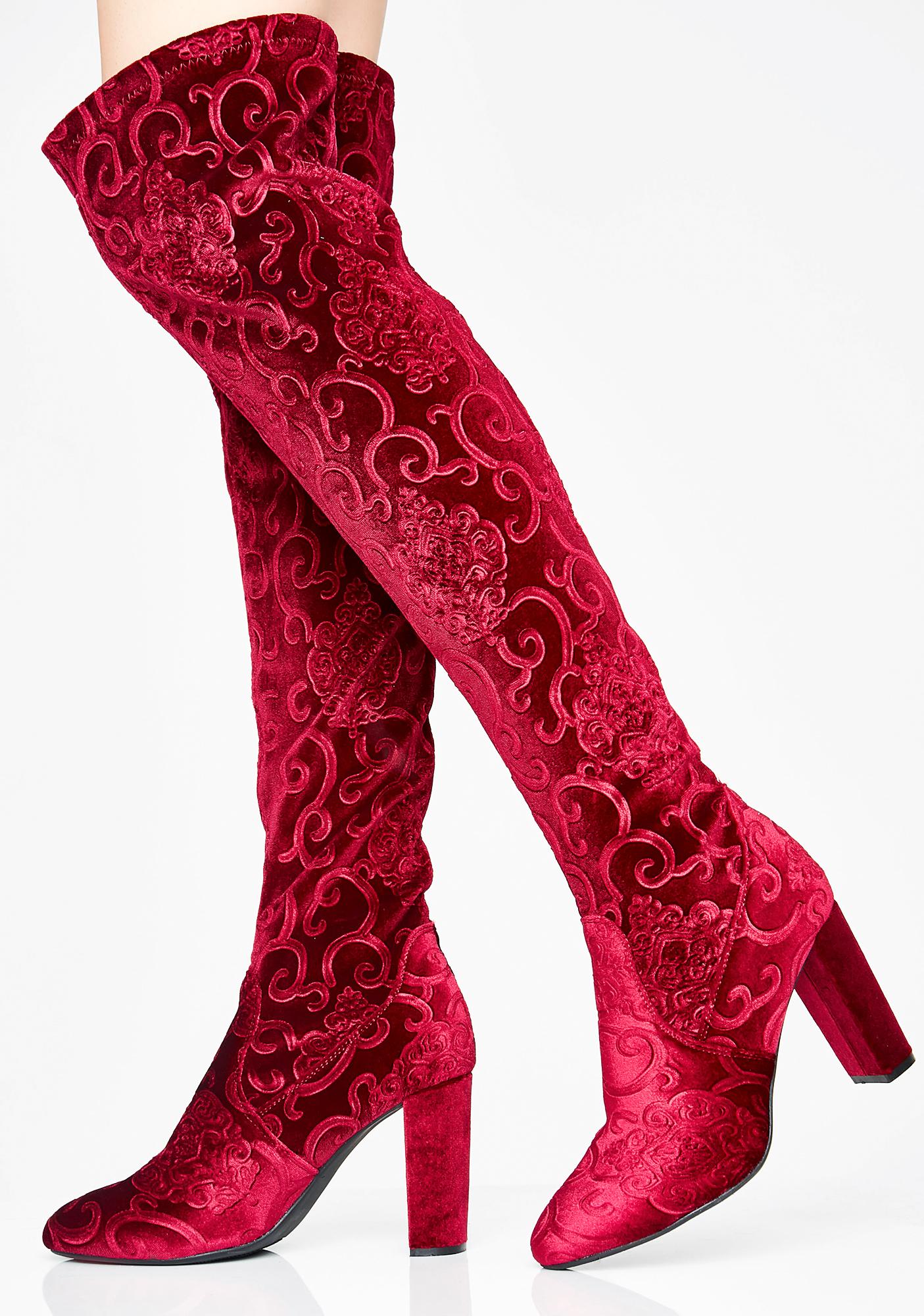 red velvet thigh high boots