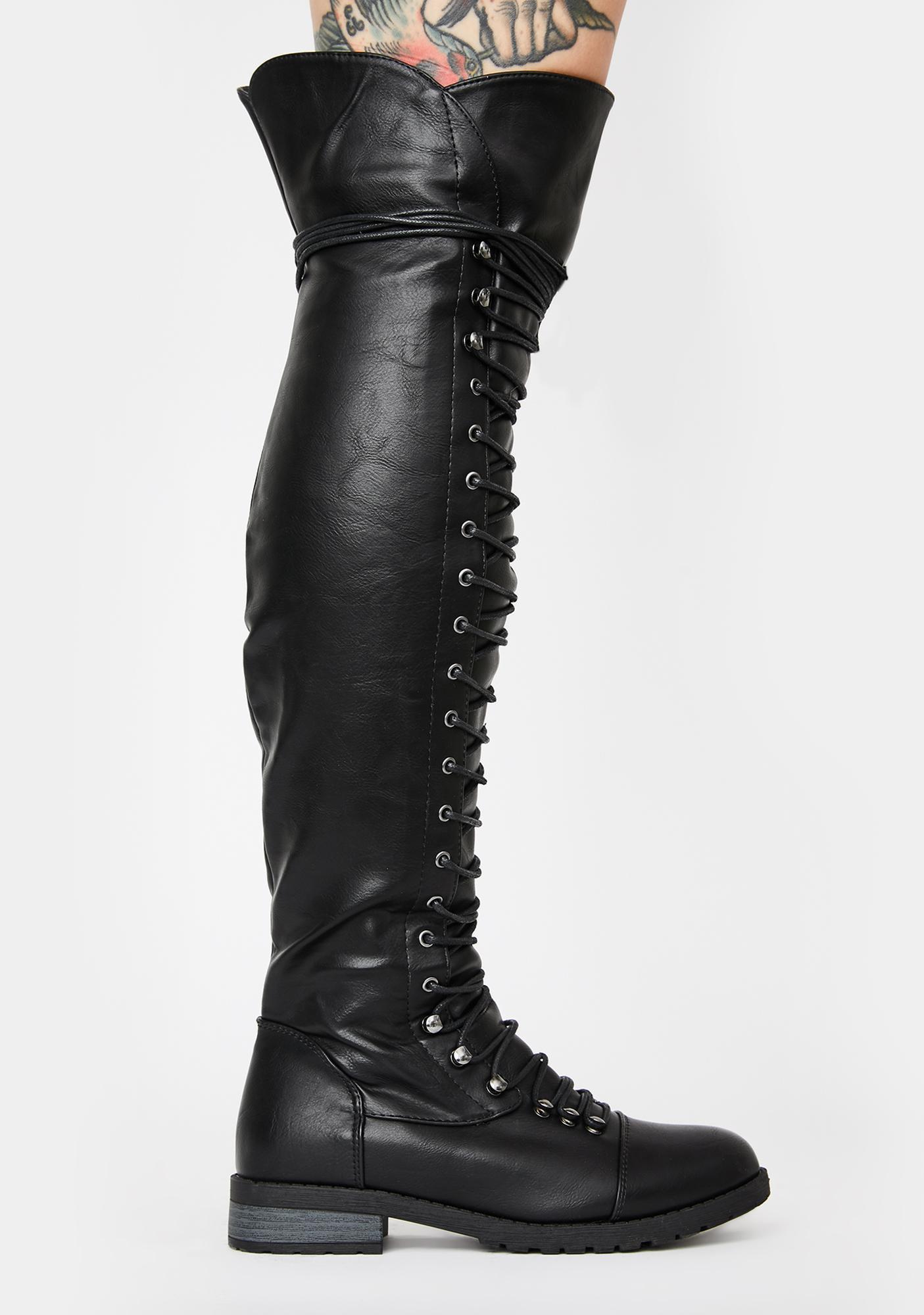 Lace Up Knee High Vegan Leather Boots Black | Dolls Kill