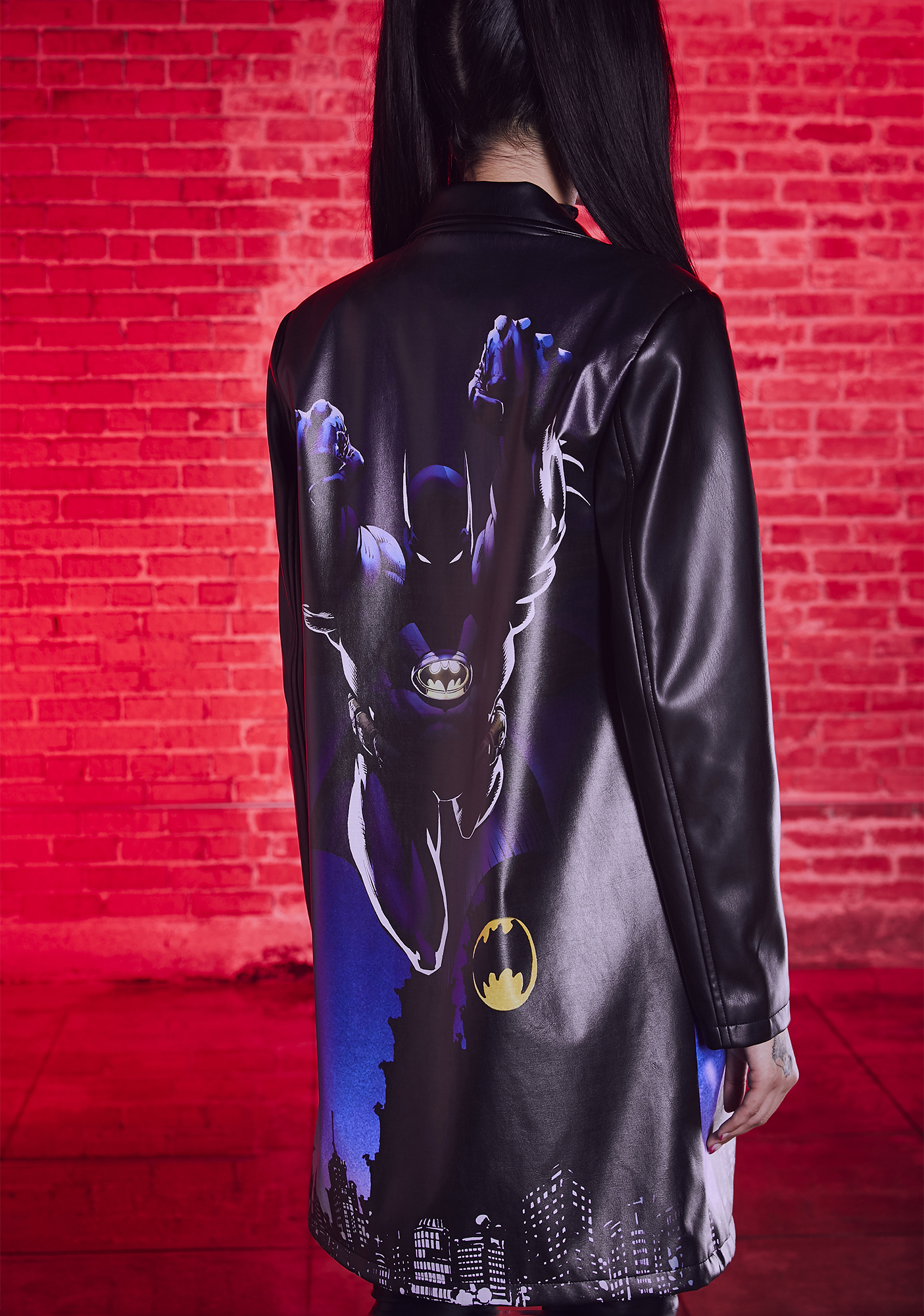 Dolls Kill x DC Comics Batman Gotham City Vegan Leather Trench Coat