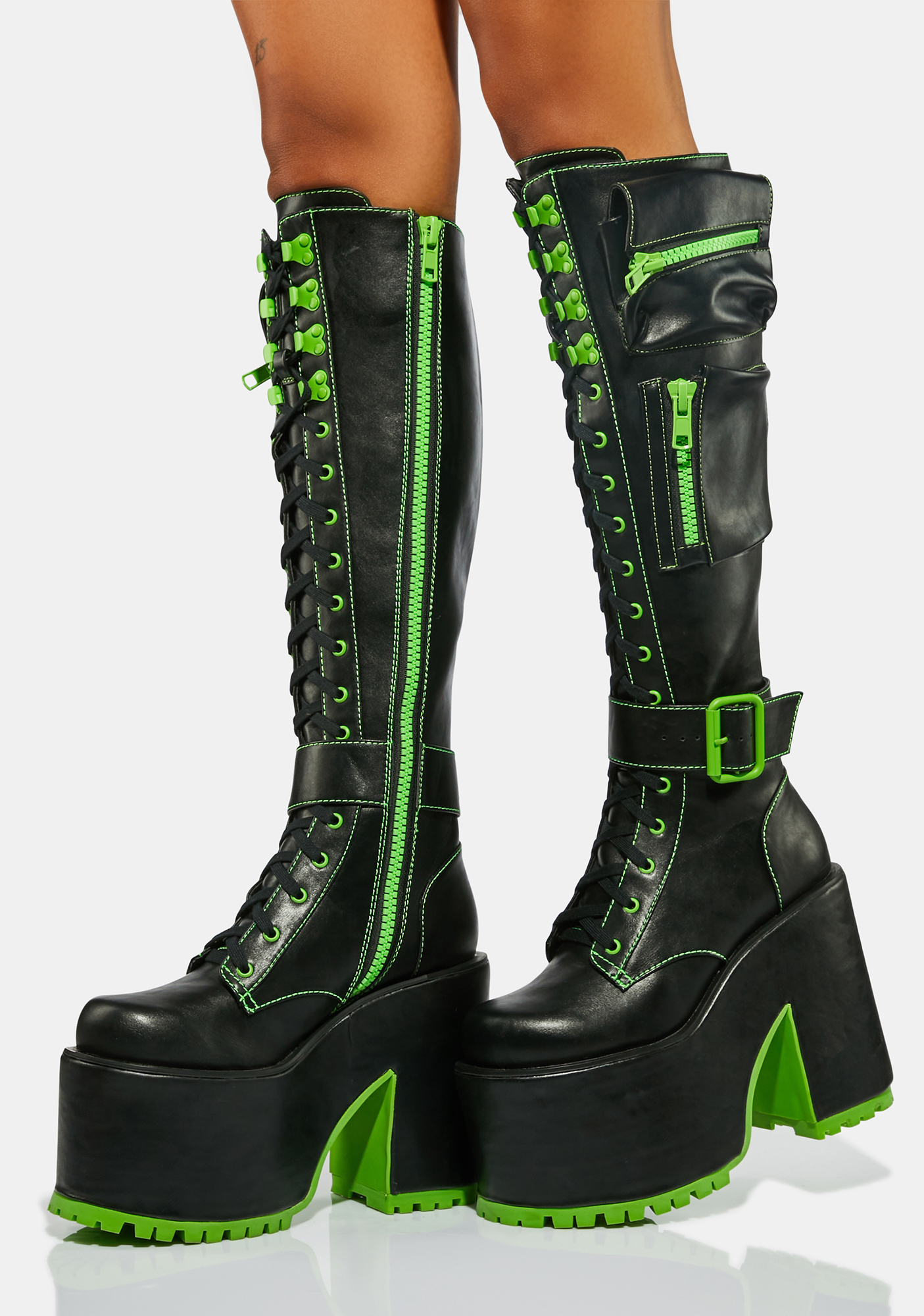 Club Exx Heeled Knee High Platform Pocket Combat Boots Black/Neon