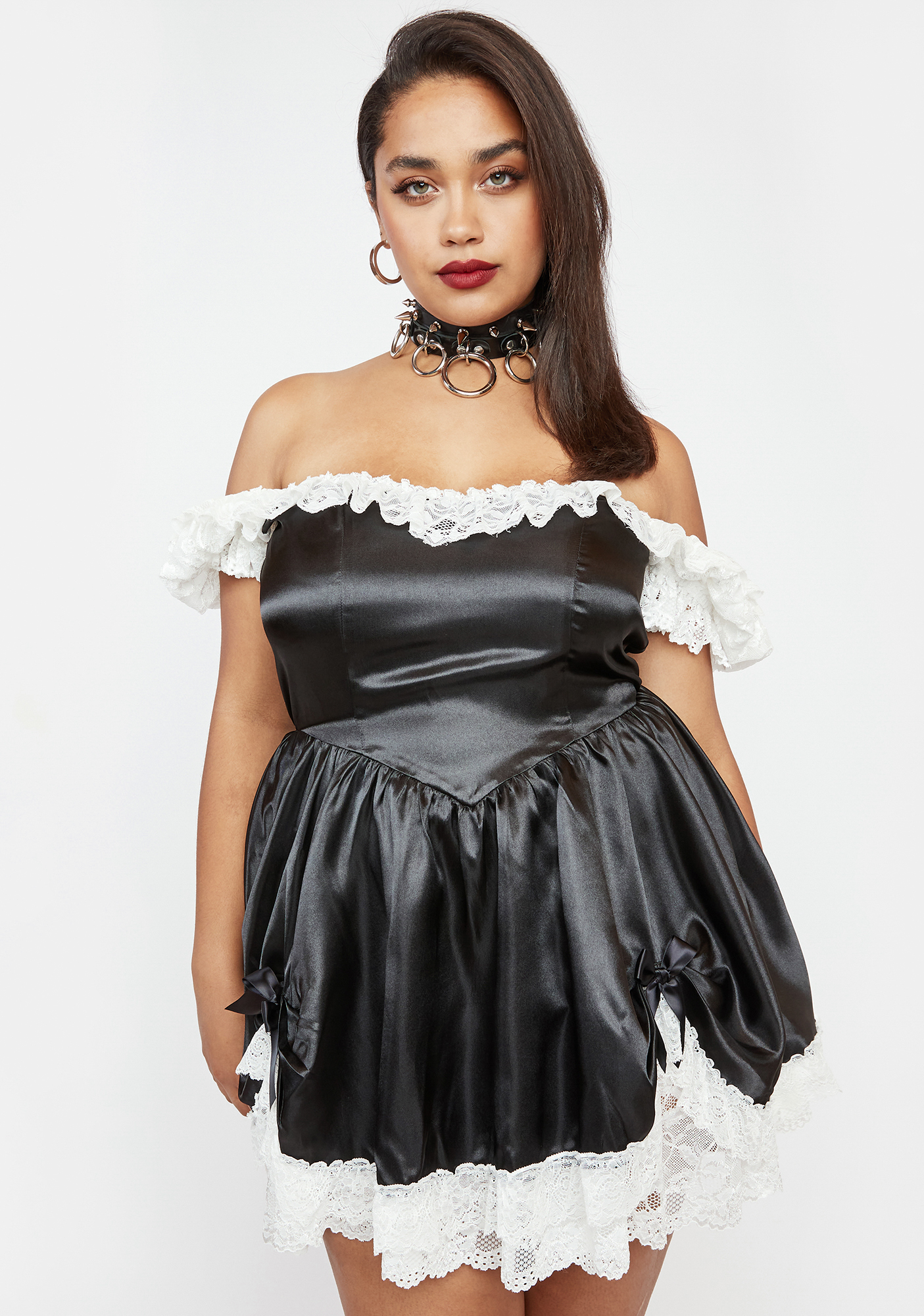 Plus Size Current Mood Satin Lace Ruffle Mini Dress - Black 