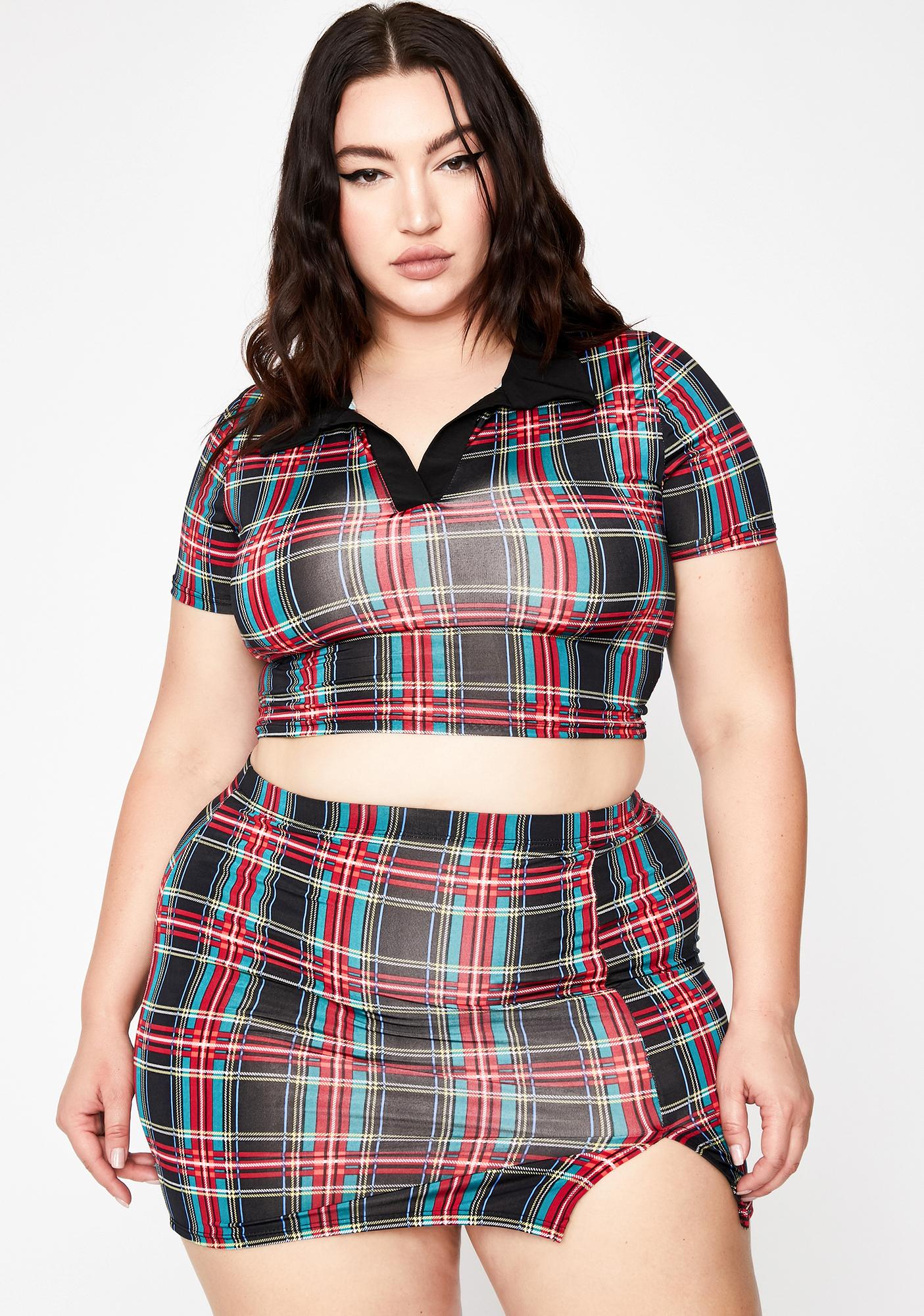 Plus Size Plaid Skirt Set Collared Short Sleeve Crop Top High Waisted ...