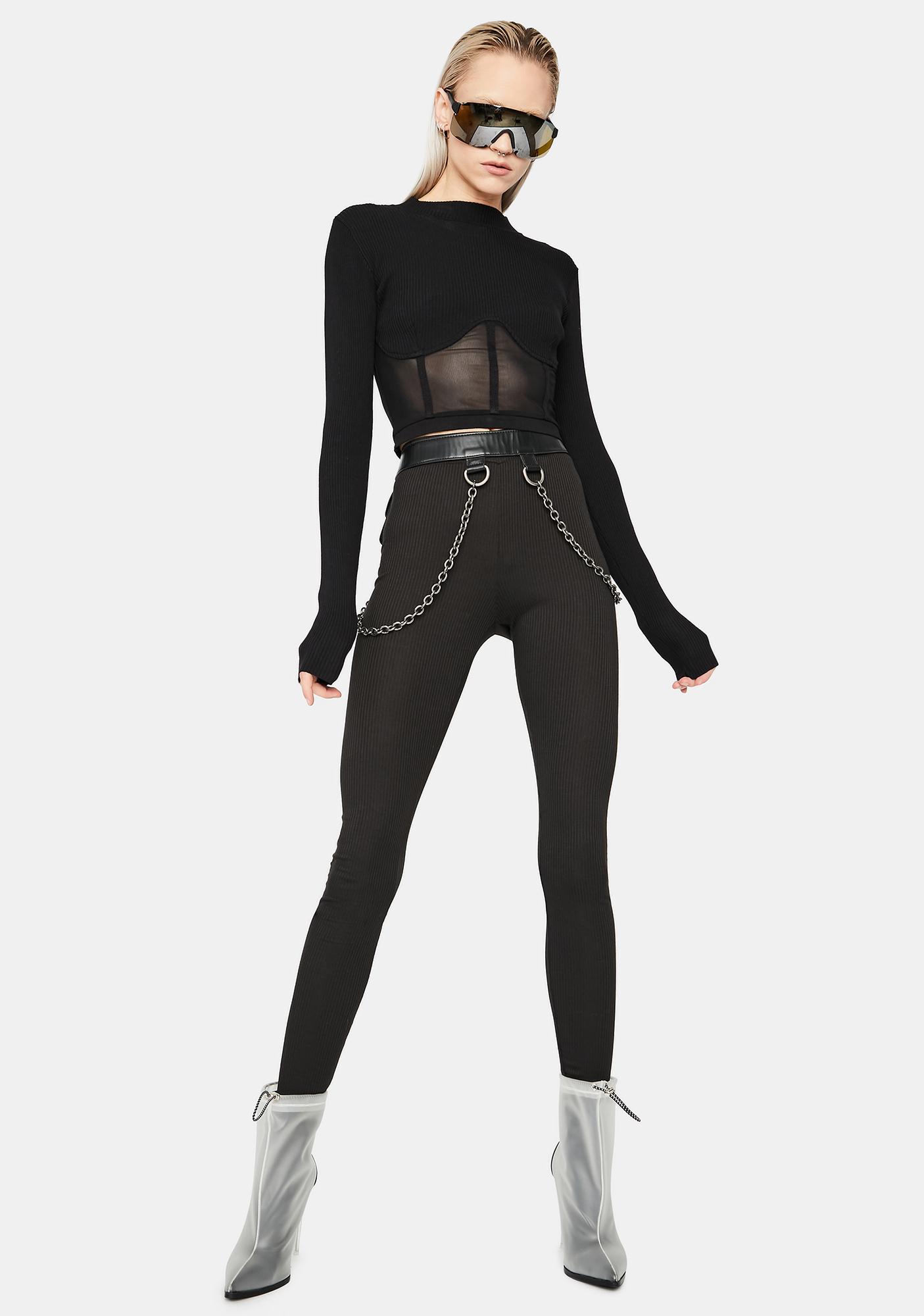 Mesh Paneled Underbust Long Sleeve Top - Black | Dolls Kill