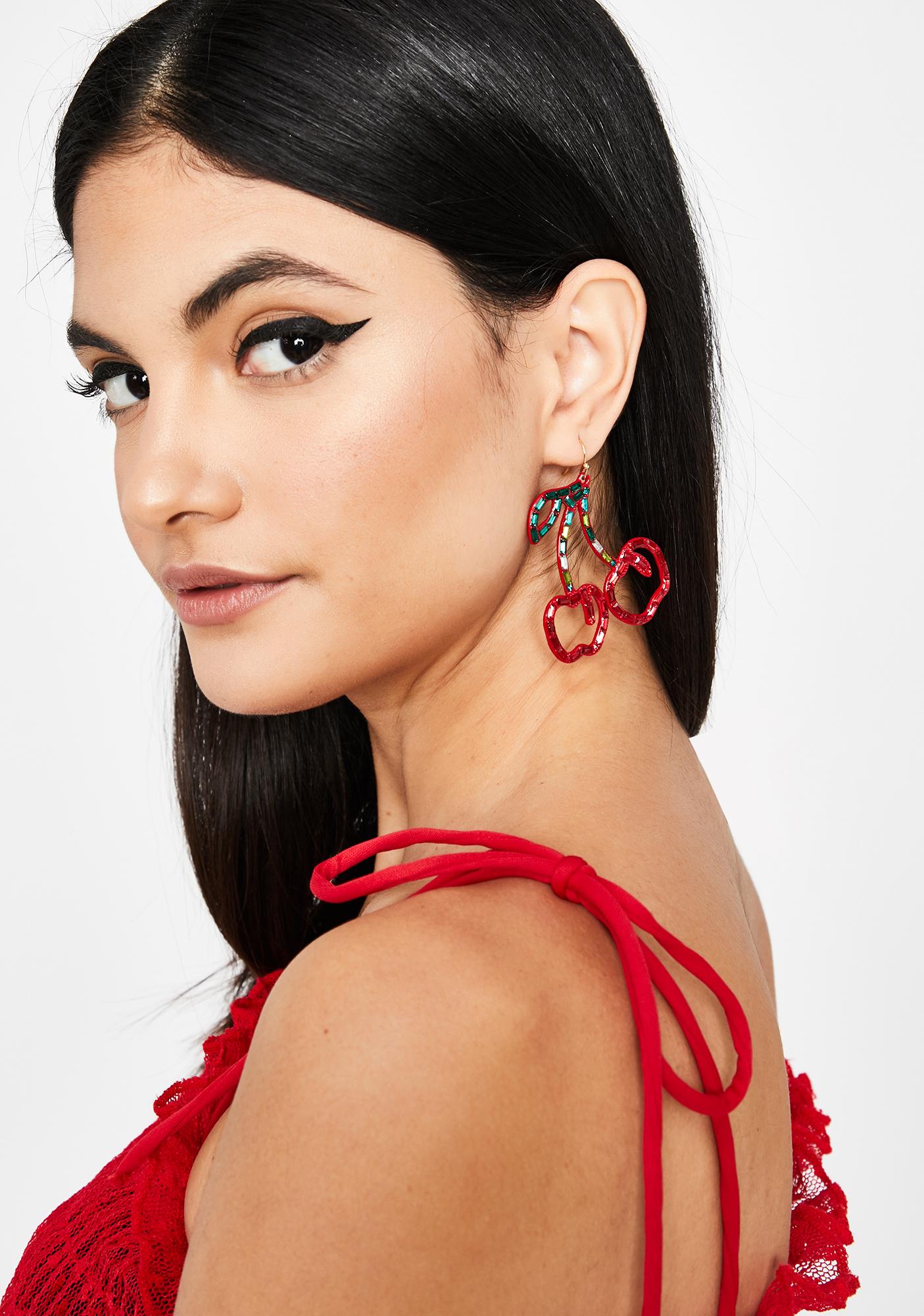 Red Cherry Rhinestone Hook Earrings Dolls Kill