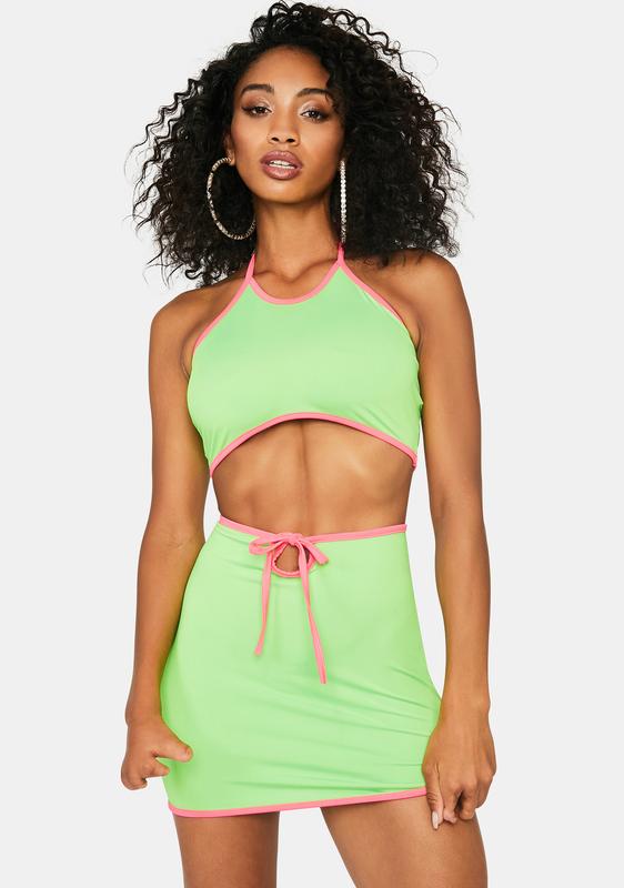 neon mini skirt set