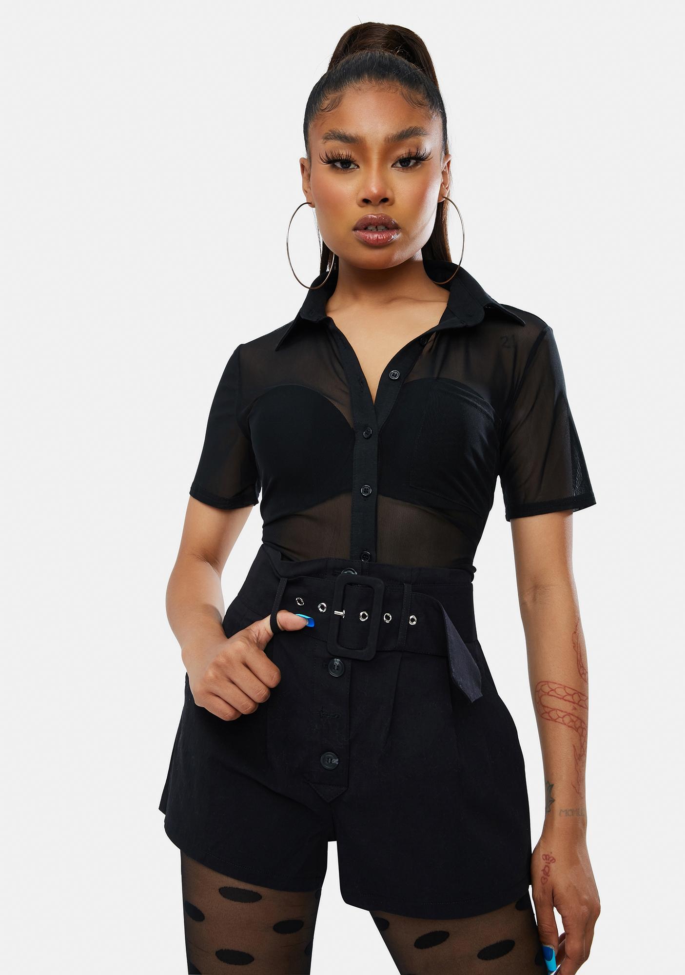 black short sleeve button up blouse