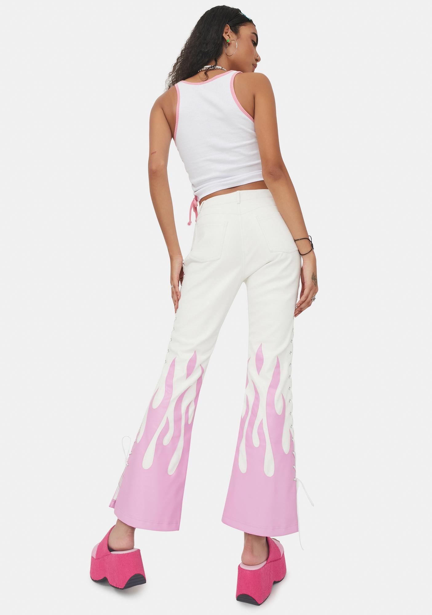 Delia's Vegan Leather Flame Lace Up Flare Pants - White/Pink | Dolls Kill