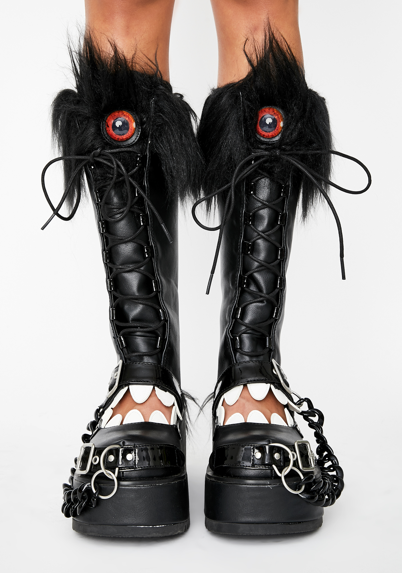 Demonia Monster Eye Teeth Knee High Boots - Black | Dolls Kill
