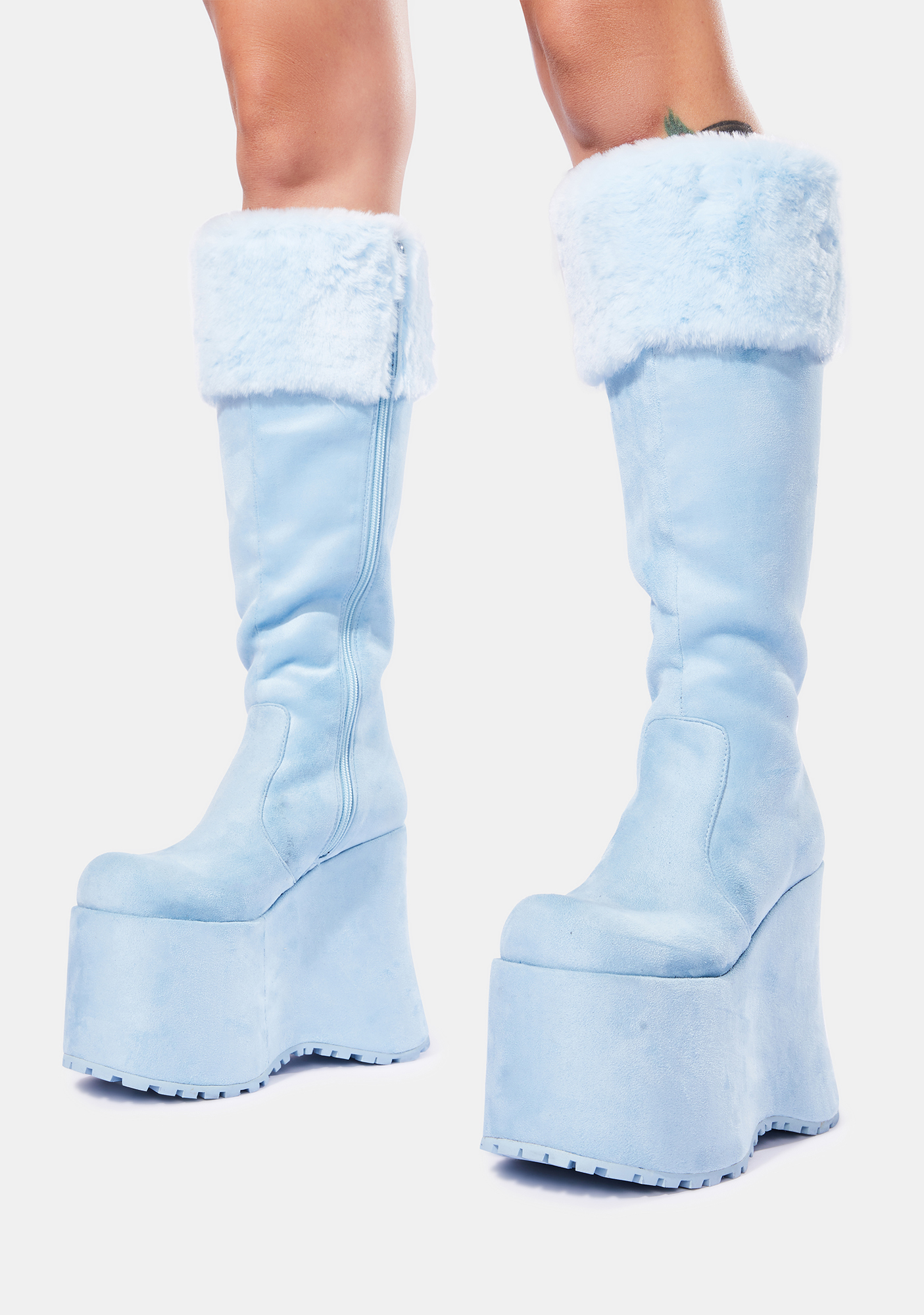 Club Exx Faux Suede Knee High Platform Boots Powder Blue Dolls Kill 6662