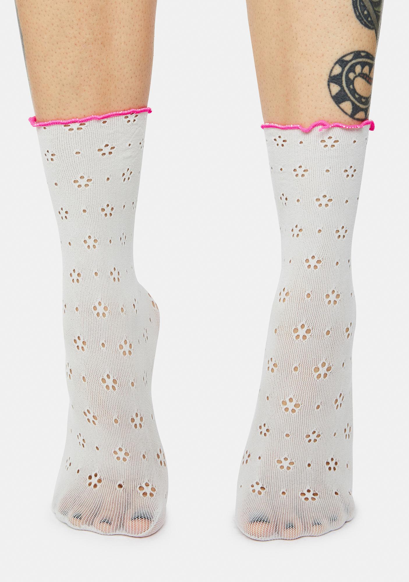 Pointelle Lettuce Edge Crew Socks White Dolls Kill