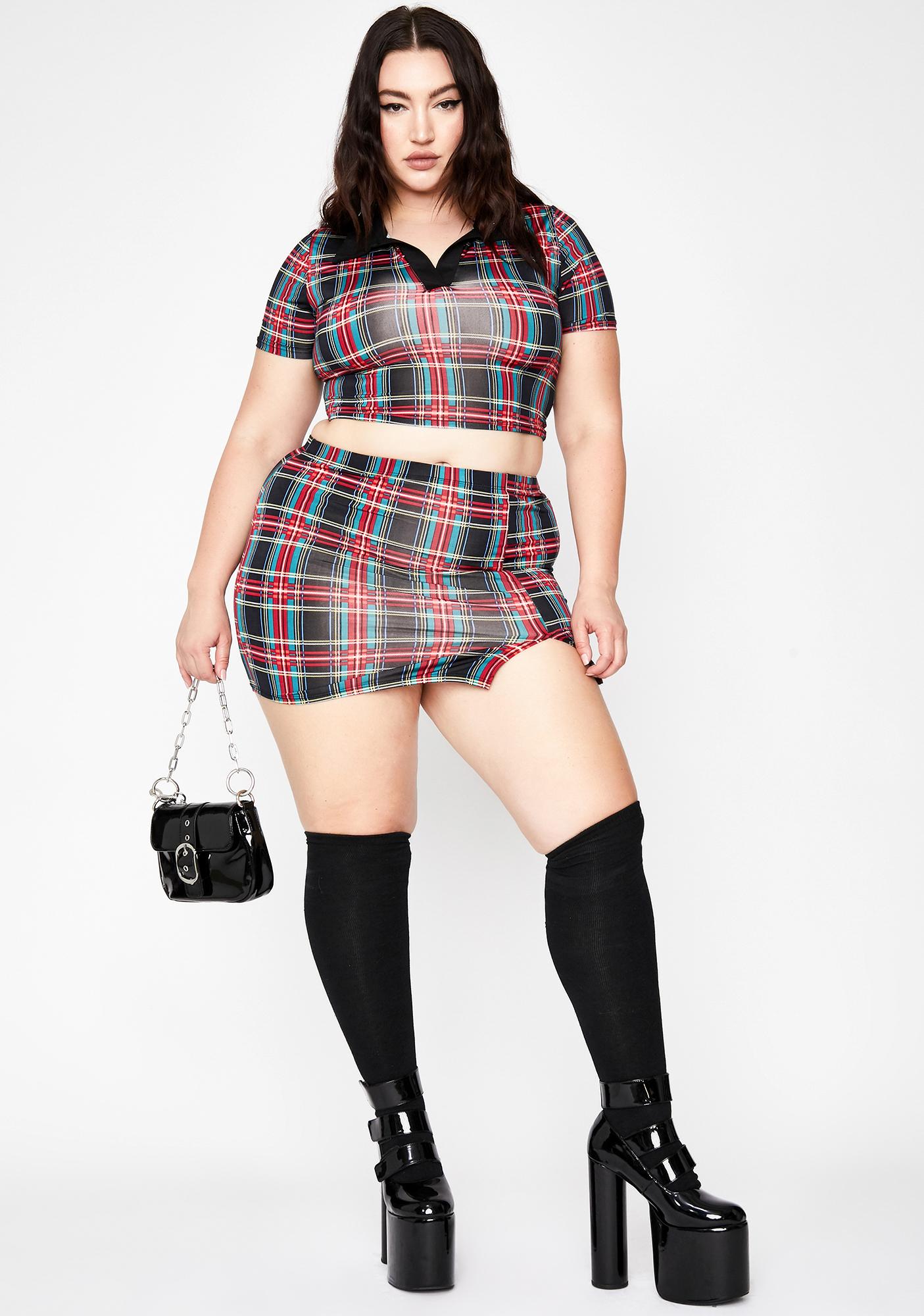 Plus Size Plaid Skirt Set Collared Short Sleeve Crop Top High Waisted ...