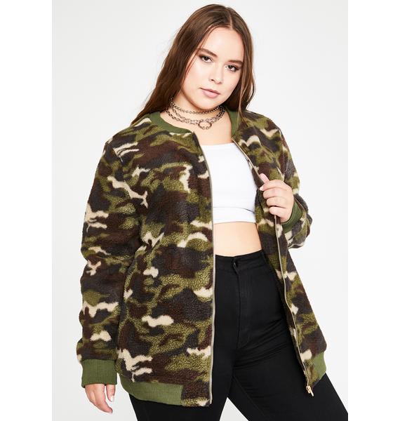 Plus Size Camo Print Teddy Sherpa Jacket Soft Fuzzy Zip Up Olive Green ...