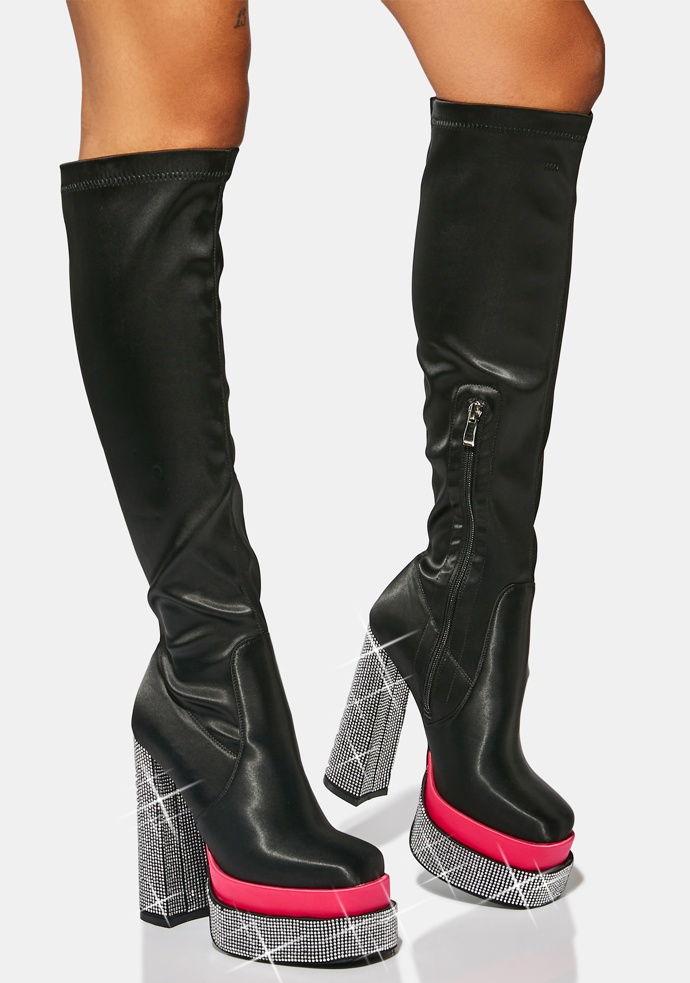 Azalea Wang Name Your Price Knee High Boots - Black/Pink | Dolls Kill