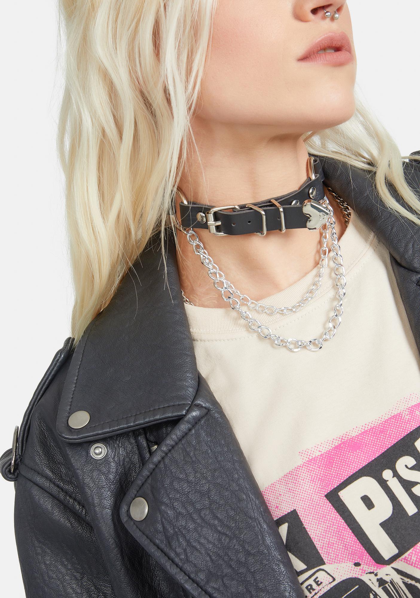 Vegan Leather O Ring Choker With Chain Links And Buckle Black Dolls Kill