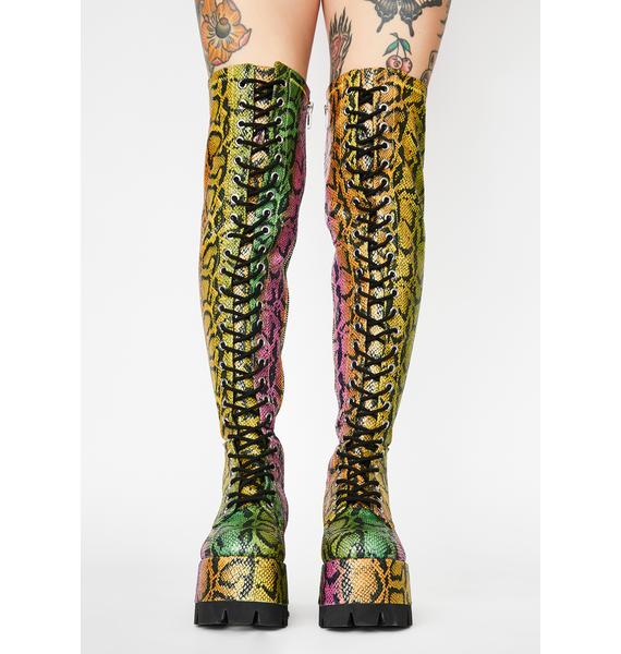 neon thigh high boots