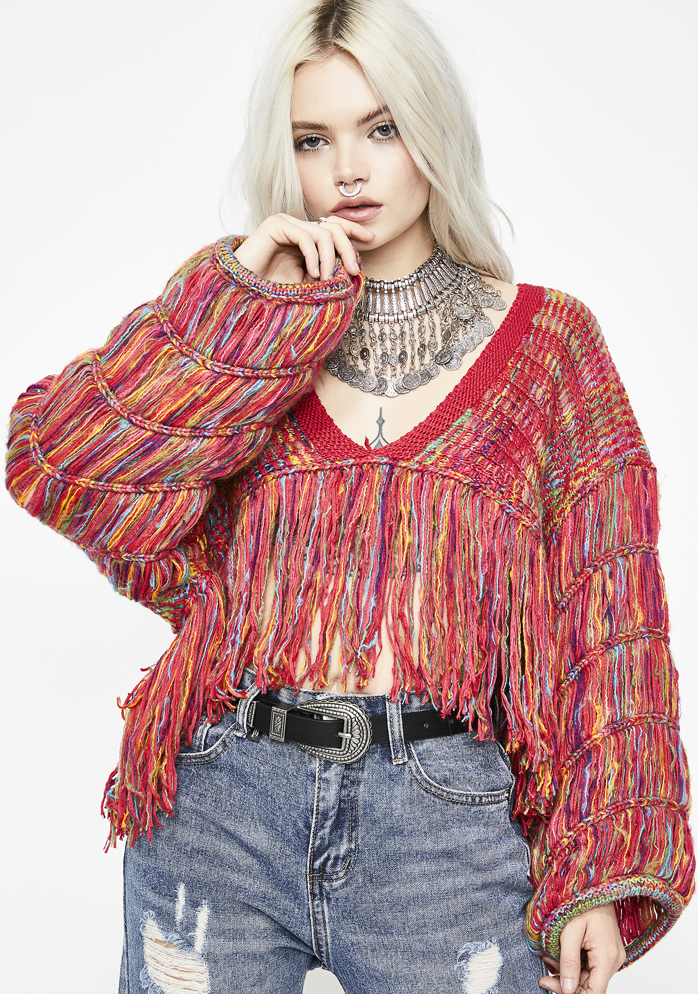red fringe sweater