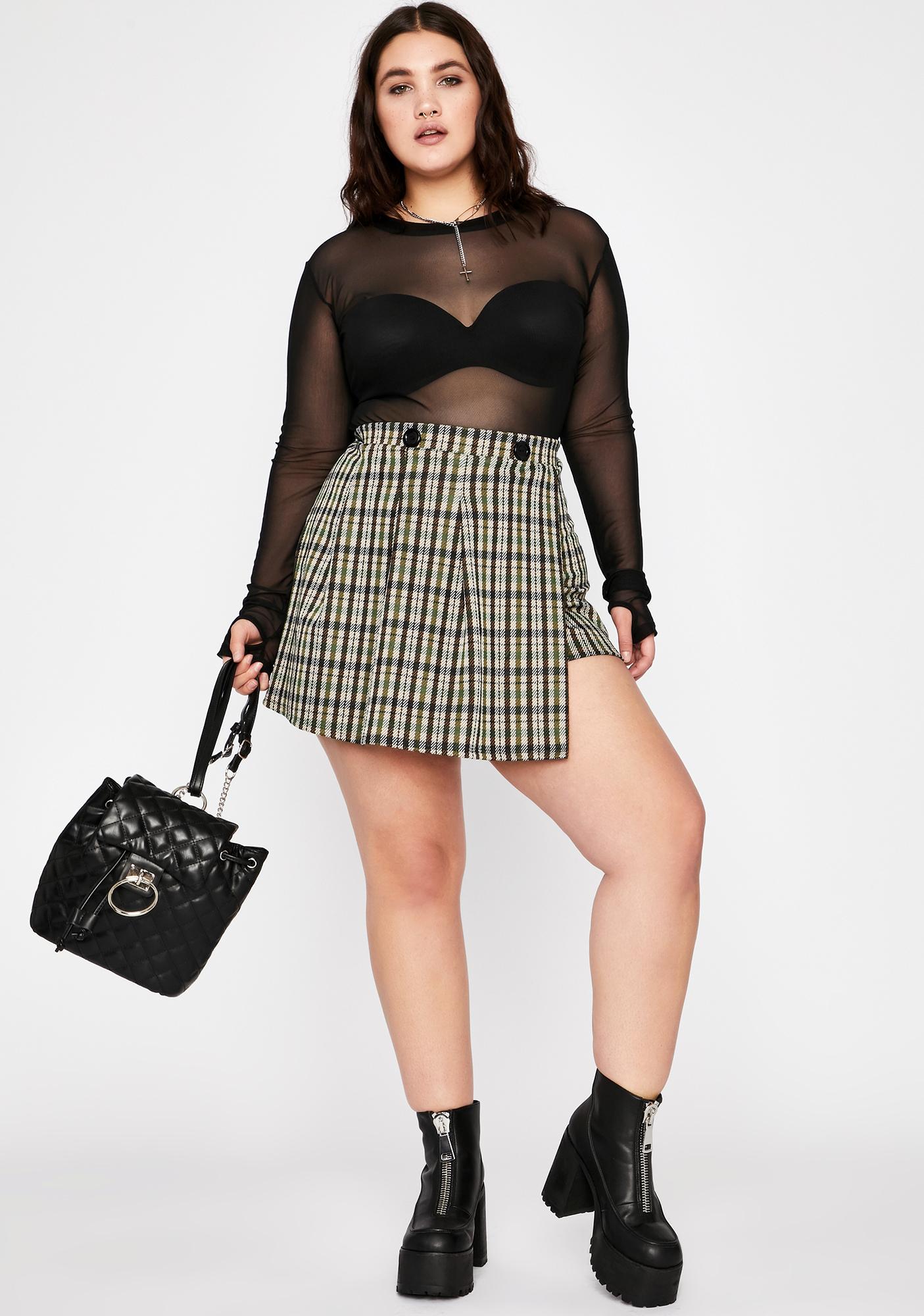 Plus Size Plaid High Waist Wrap Mini Skirt Buttons Olive | Dolls Kill