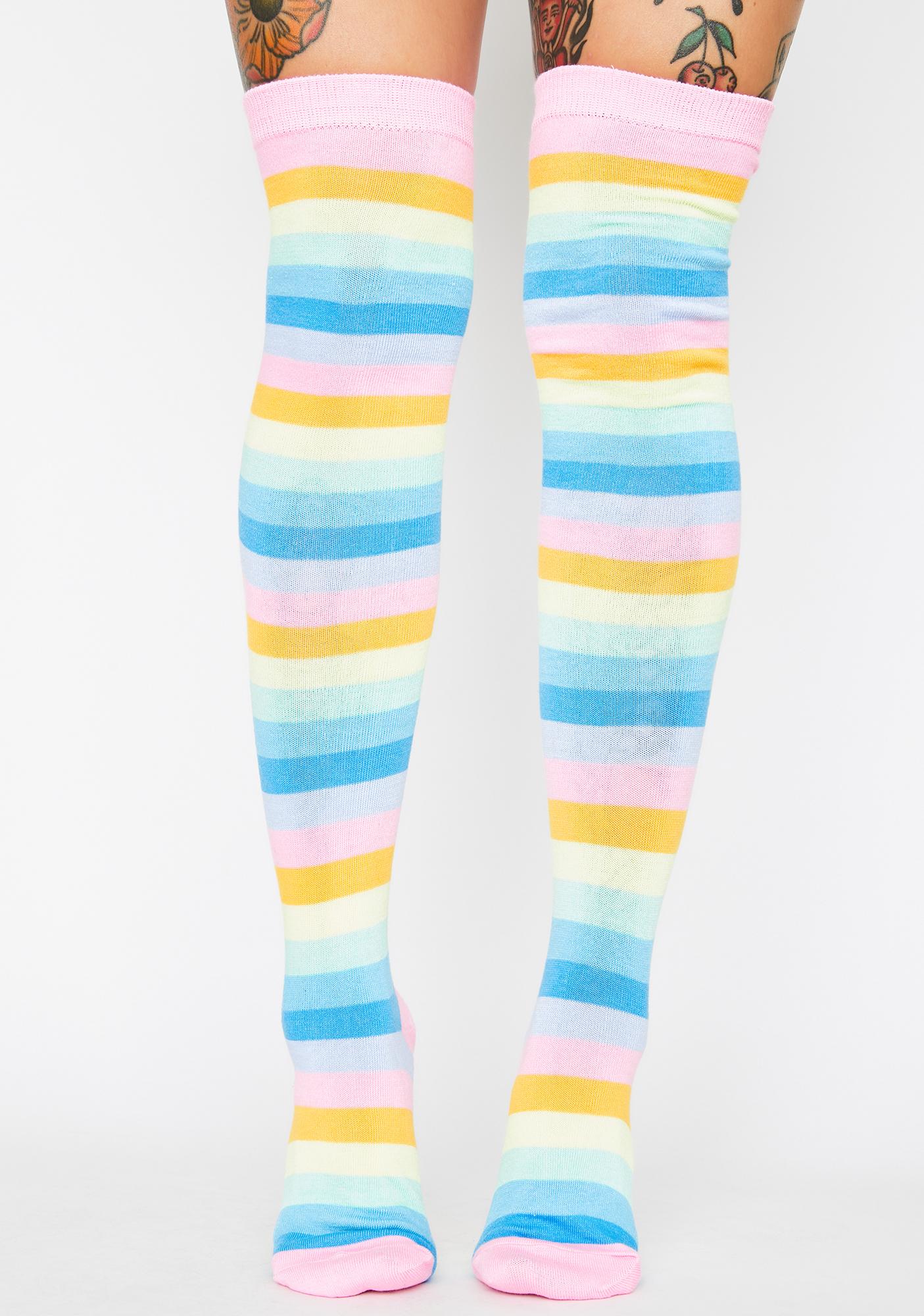Pastel Rainbow Striped Thigh High Socks | Dolls Kill