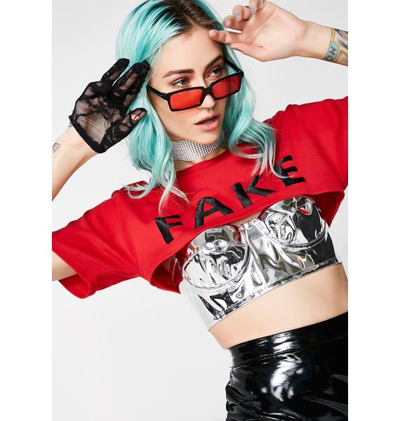 Jaded London Fake Crop Tee With Metallic PU Bralette Dolls Kill