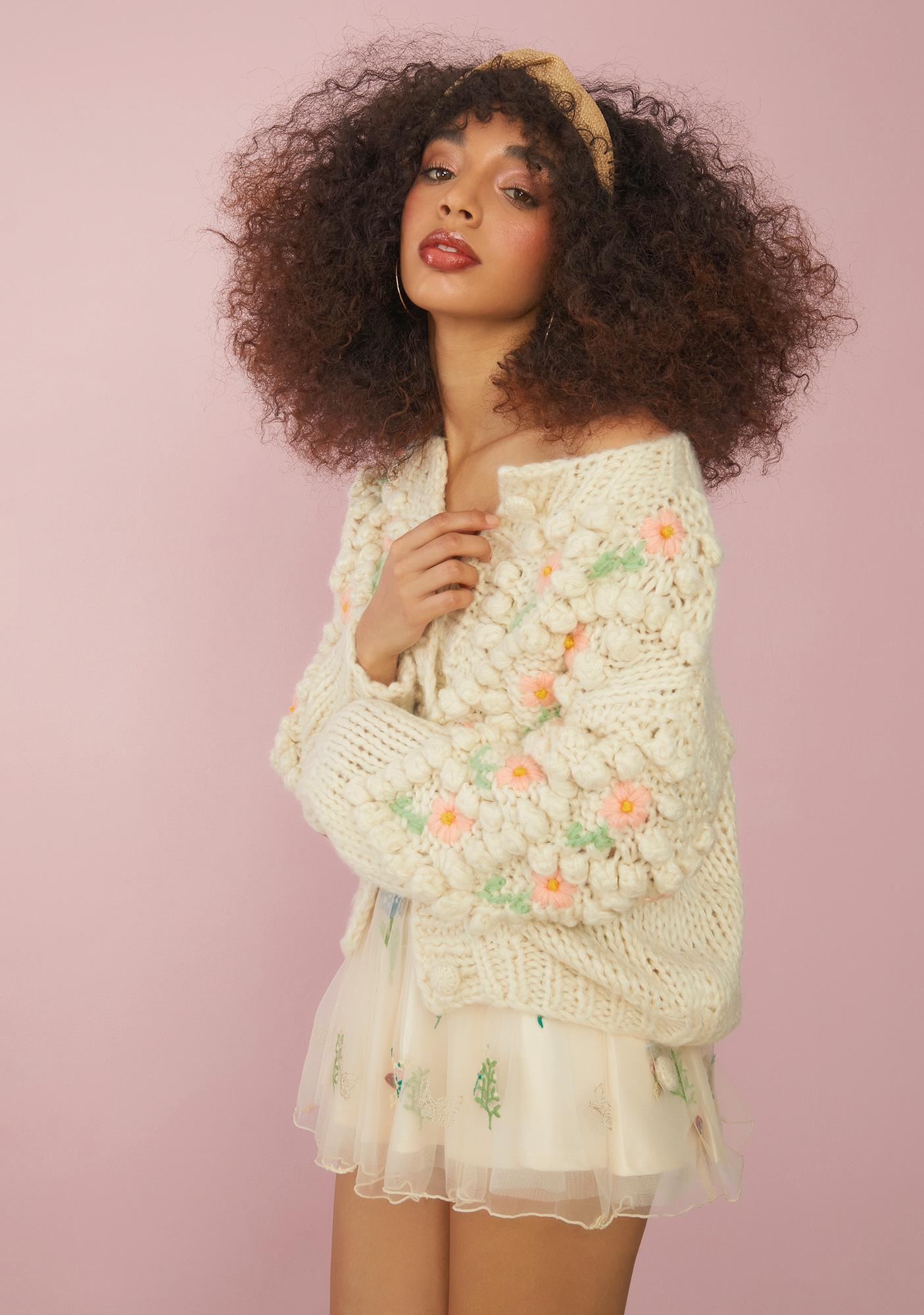 Sugar Thrillz Floral Knit Cardigan With Pom Poms | Dolls Kill