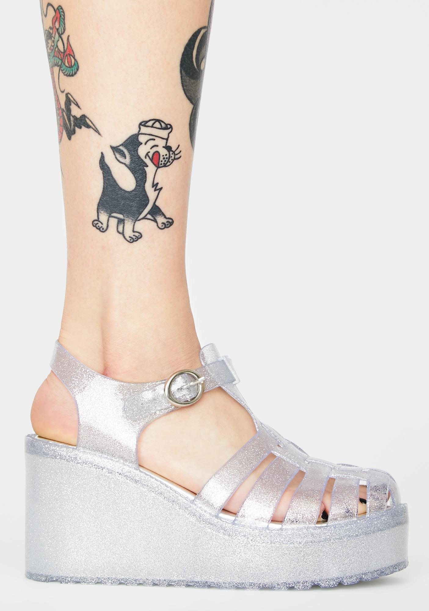 Glittery Platform PVC Jelly Shoes Silver Dolls Kill