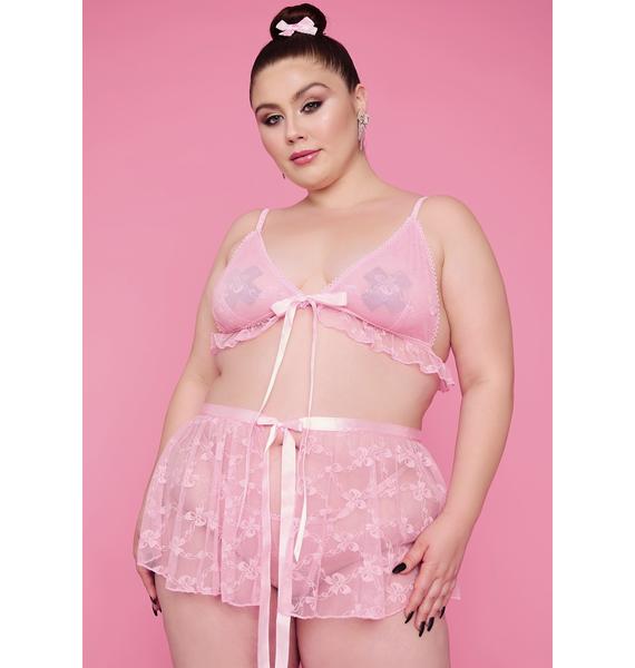 Sugar Thrillz Plus Size Bow Lace Bra Thong Skirt Lingerie Set Pink