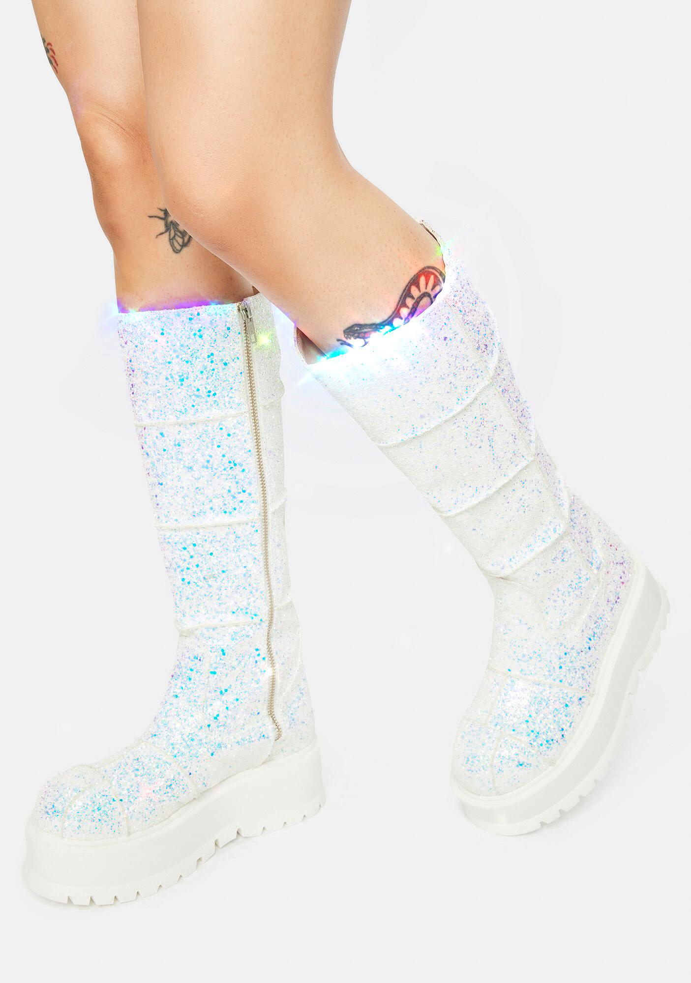 Demonia Slacker 230 Glitter Patchwork Platform Boots White Dolls Kill