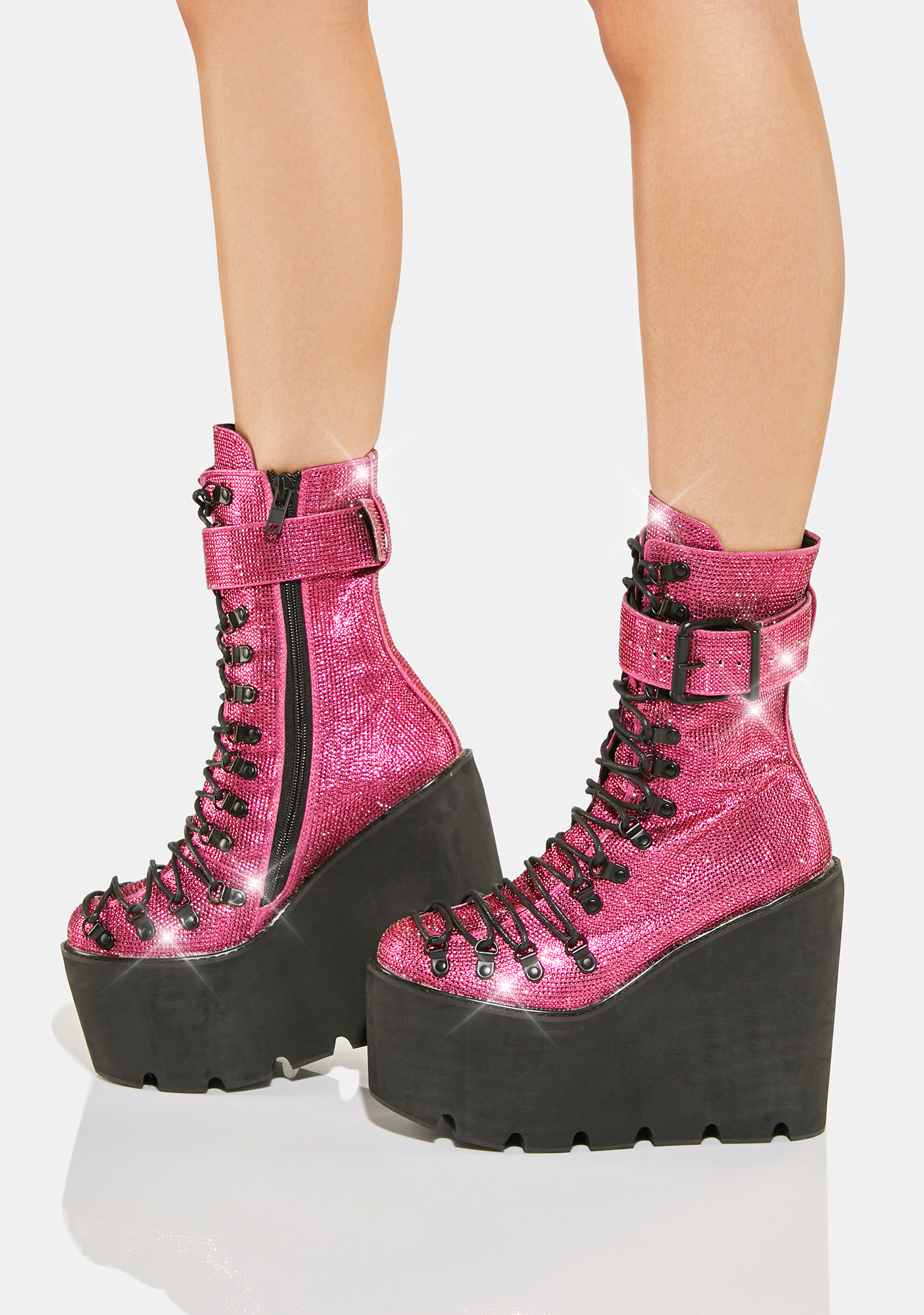 Club Exx Rhinestone Wedge Platform Boots - Pink/Black | Dolls Kill