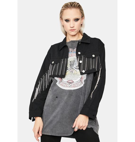 Cropped Metallic Fringe Denim Jacket Black Dolls Kill