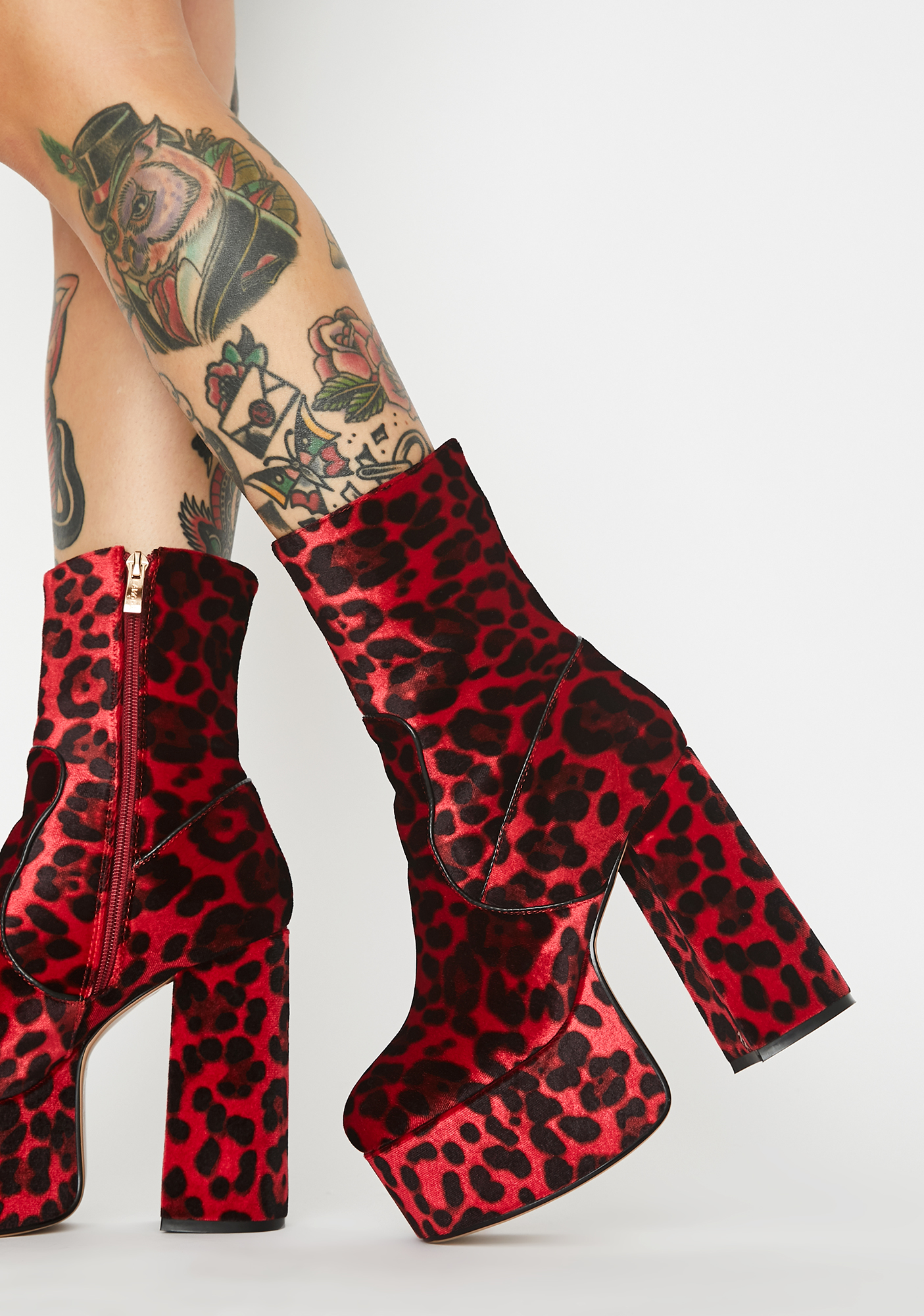 Red Leopard Print Chunky Heel Boots | Dolls Kill