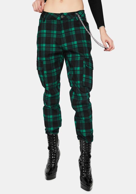 Plaid Chain Belt Cargo Pants - Green 