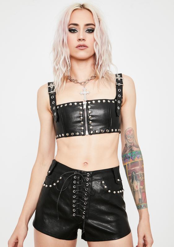 Current Mood Studded Lace Up Shorts - Black Vegan Leather | Dolls Kill