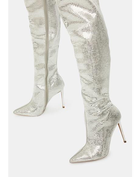 Glitter Thigh High Silver Boots | Dolls Kill