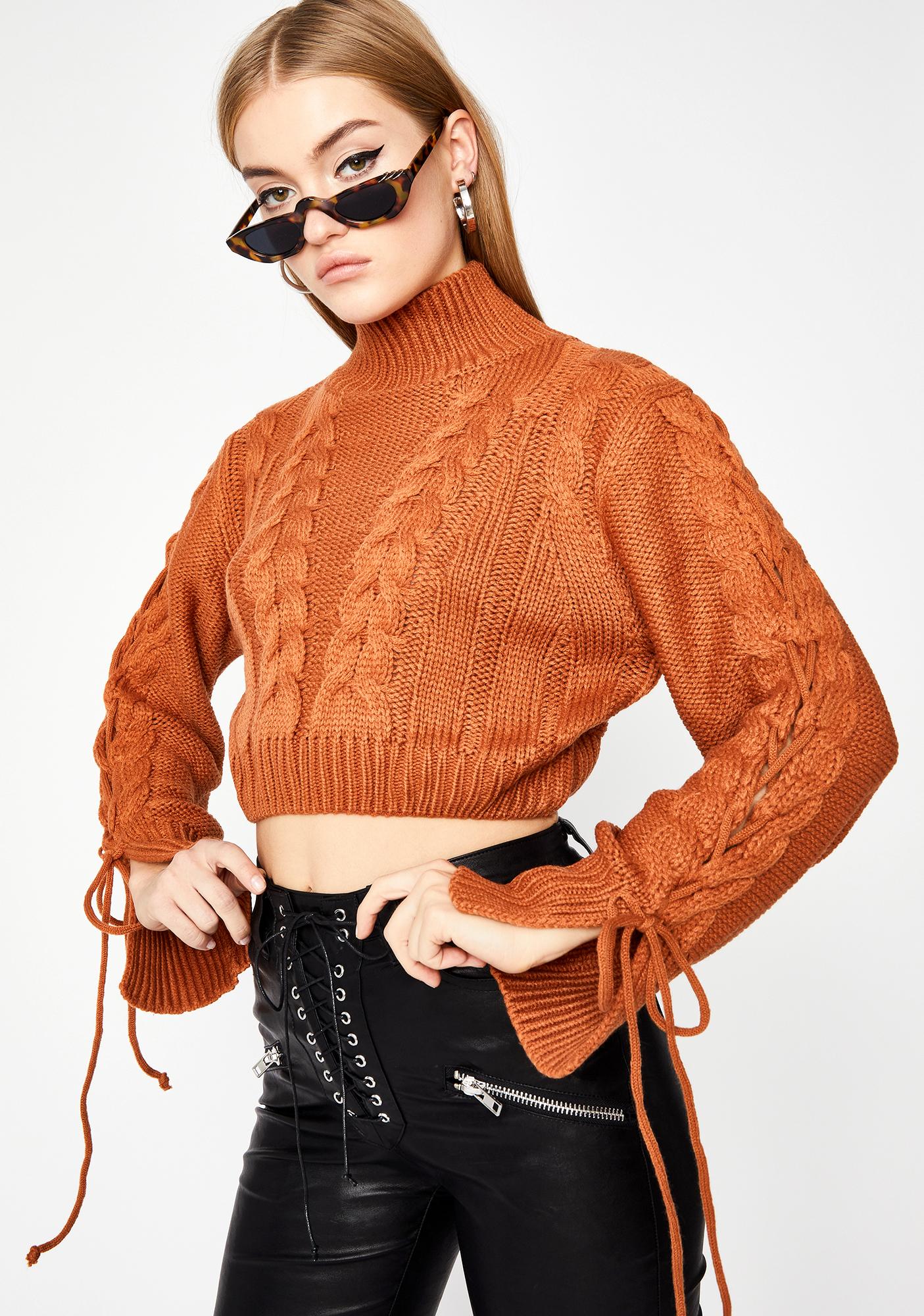 Cropped Cable Knit Turtleneck Sweater Rust Dolls Kill 