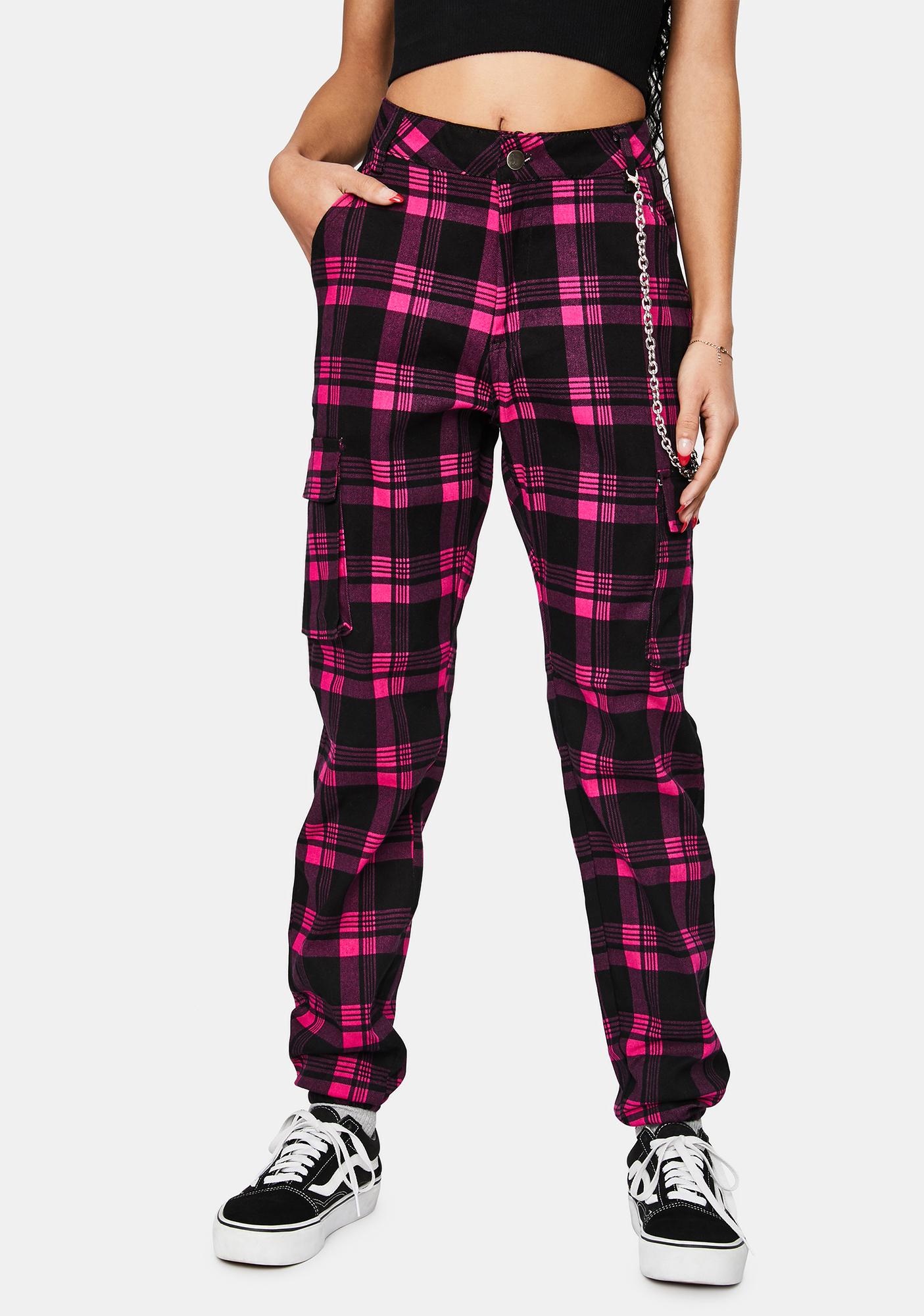 pink and black plaid pants