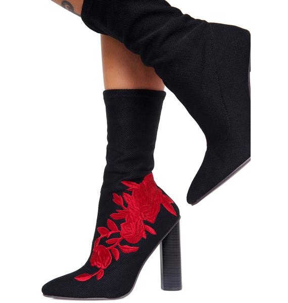 Rose Embroidered Black Boots Dolls Kill