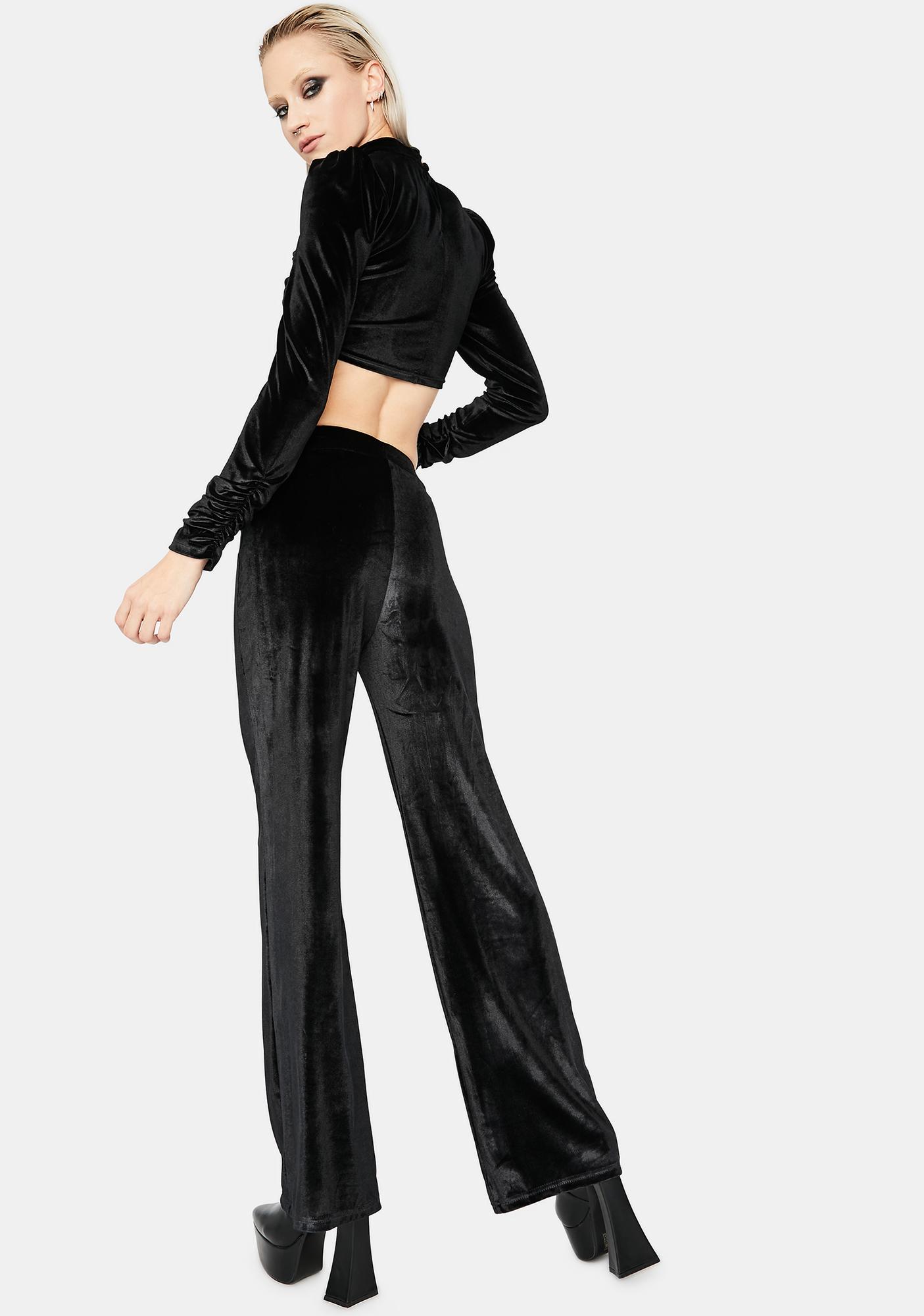 Velour Lace Up Crop Top And Straight Leg Pant Set Black Dolls Kill