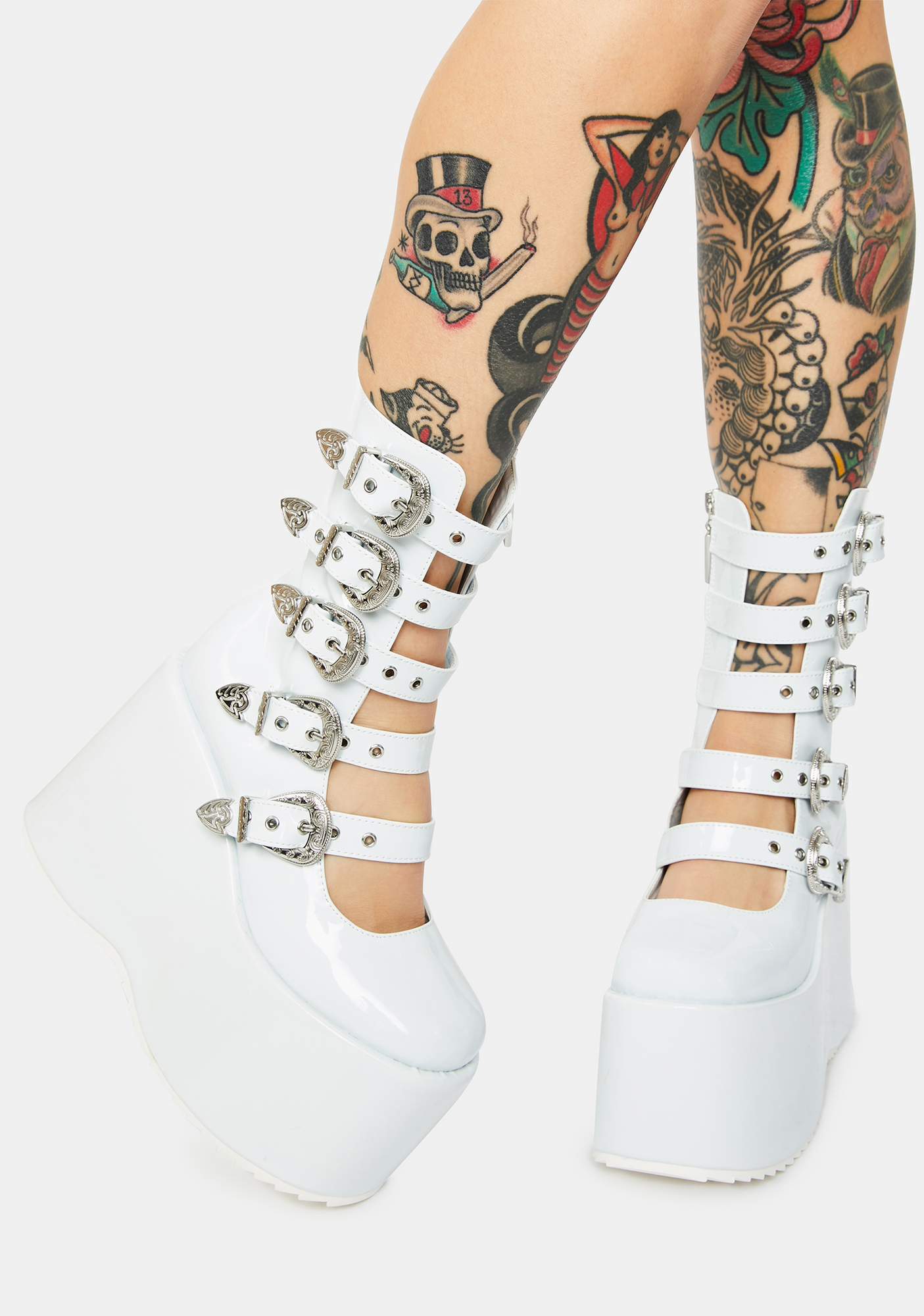 Buckle Strap Front Patent Platform Mid Ankle Sandals - White | Dolls Kill
