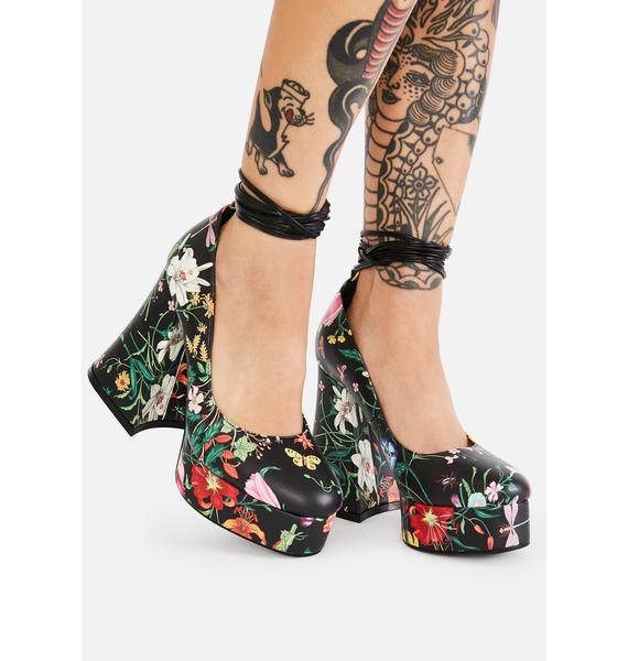 Shoe Republic LA Media Black Floral Tapestry Platform Heels - $44.00